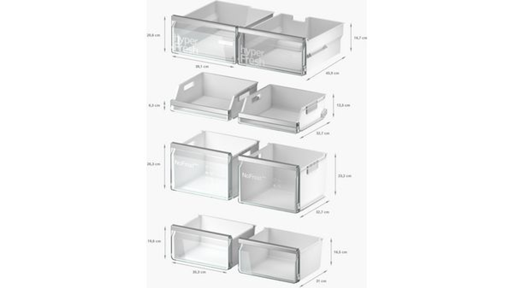 Mehrere transparente Kühlschubladen mit der Aufschrift 'Hyper Fresh' und 'NoFrost', mit Maßen, weißer Hintergrund.