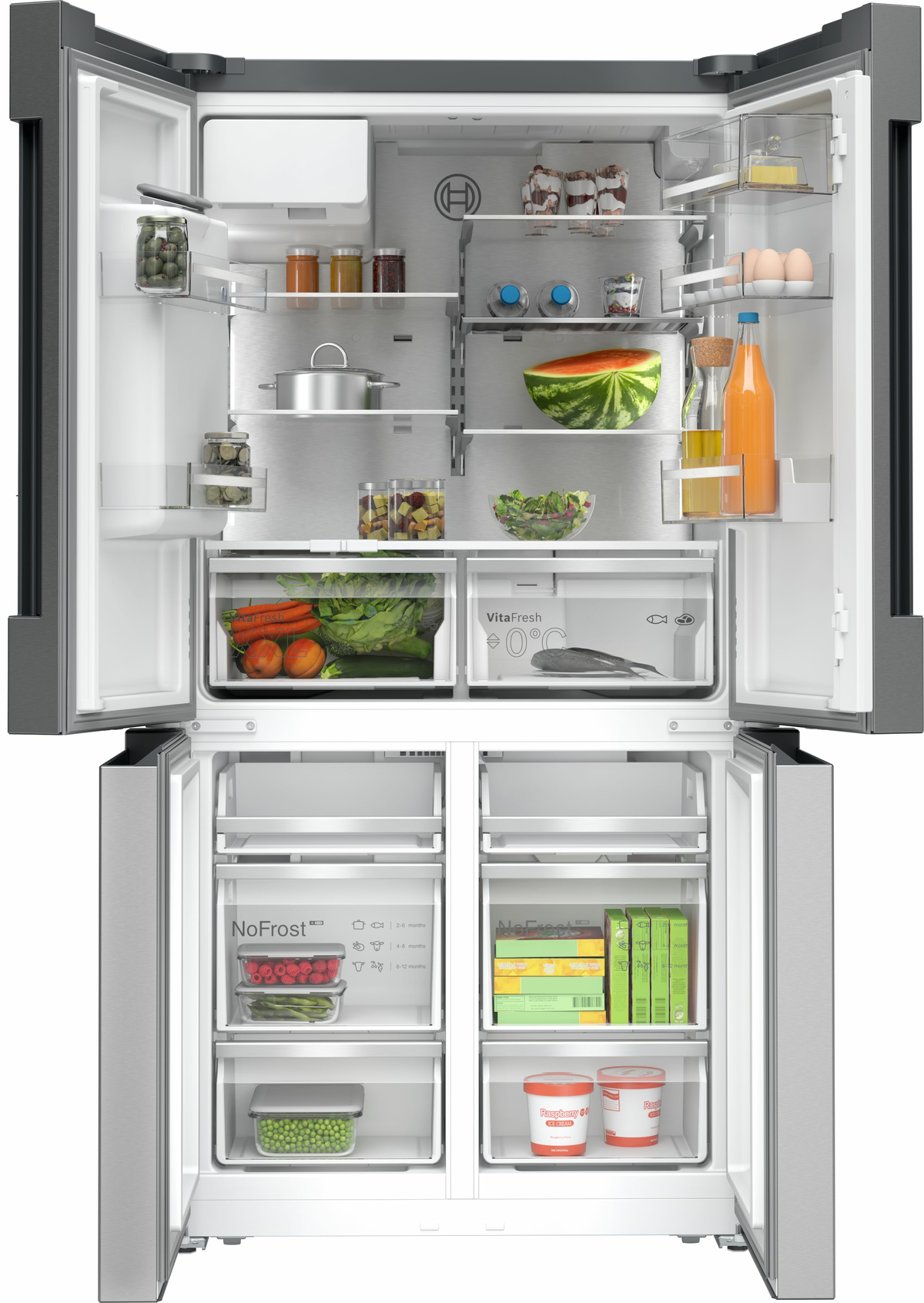 Refrigerador Bosch abierto, mostrando alimentos en compartimentos.