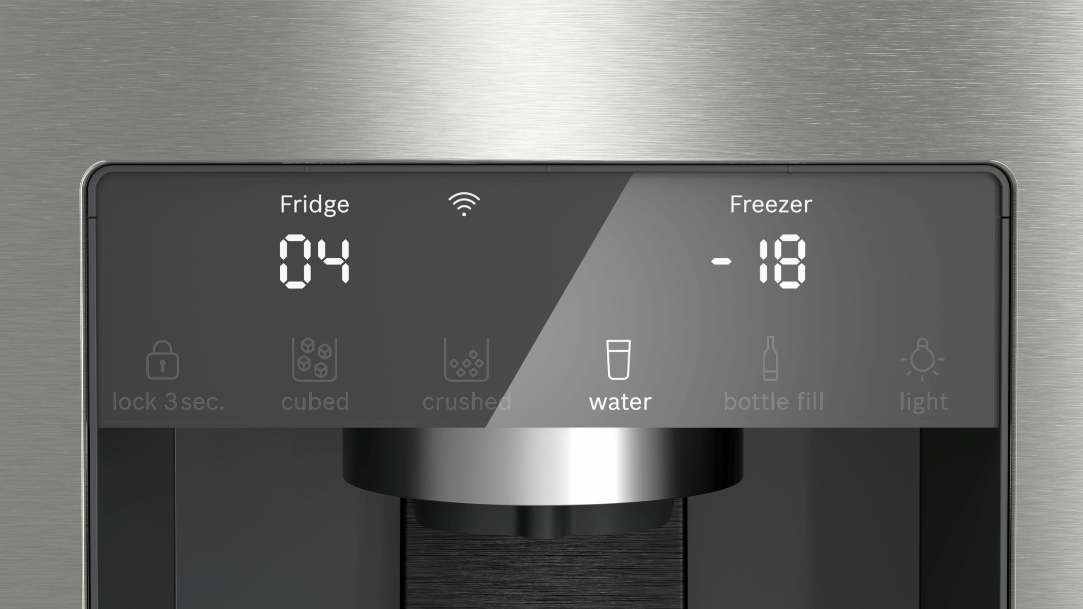 Panel de control del refrigerador. Muestra números e iconos para temperatura, agua y otras funciones.