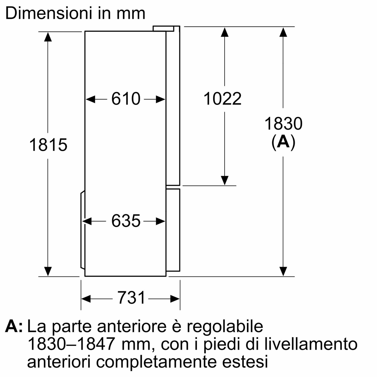 Diagrama de un frigorífico. Dimensiones en milímetros. La parte delantera es ajustable.