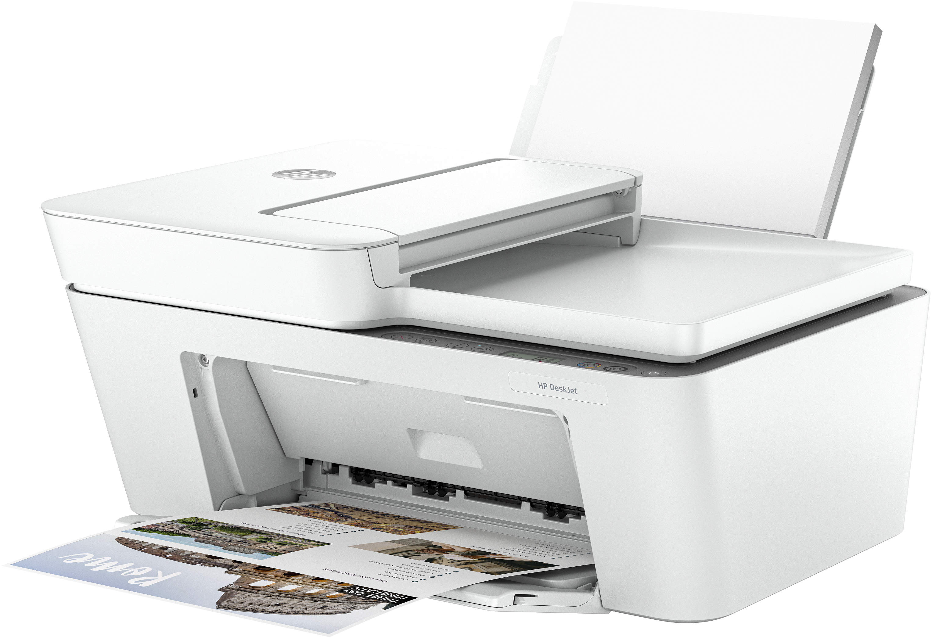 Impresora blanca con tapa abierta y papel que imprime un documento con una foto de Roma.