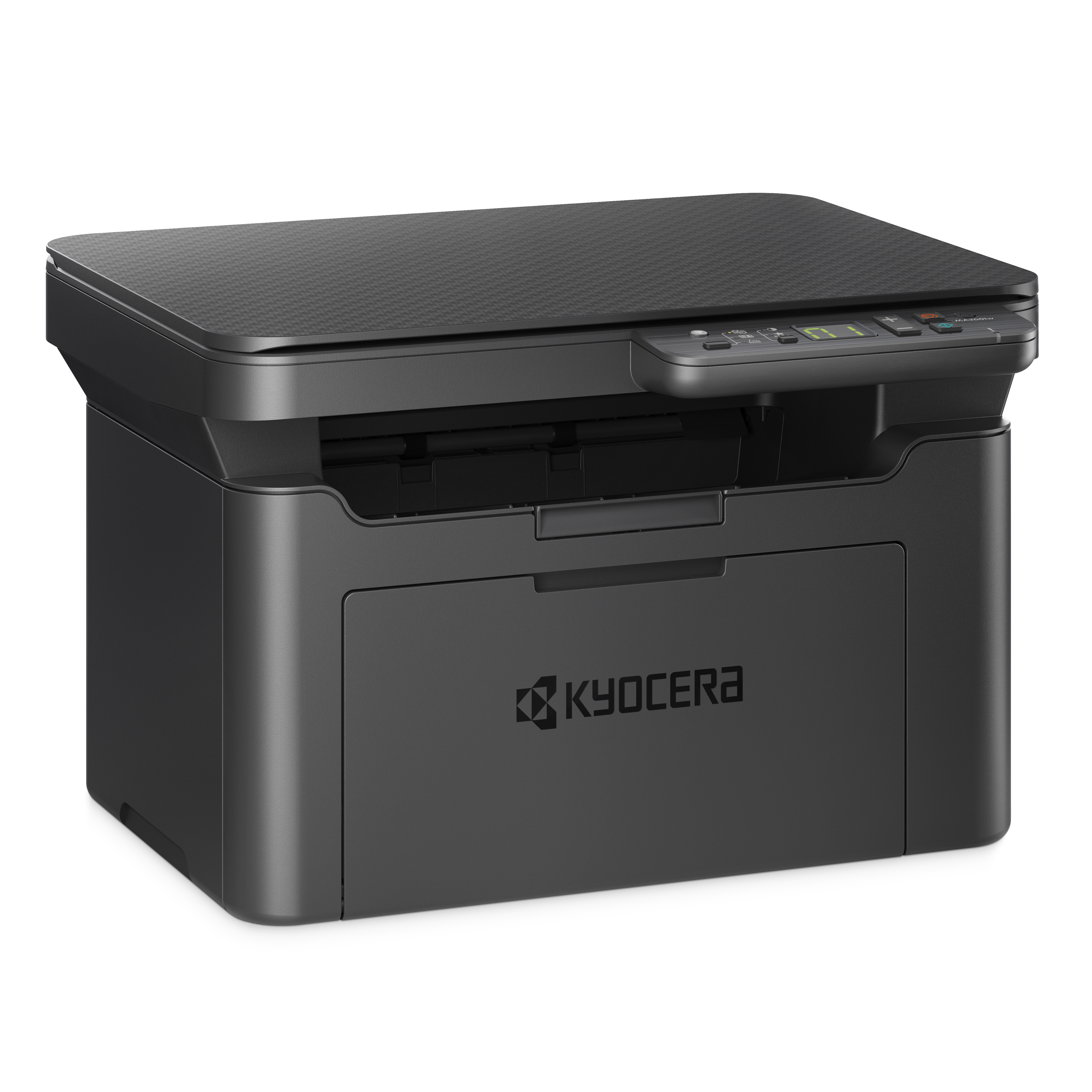Siyah Kyocera yazıcı açılı olarak. Ön tepsi kapalıdır. Kyocera logosu görünür.