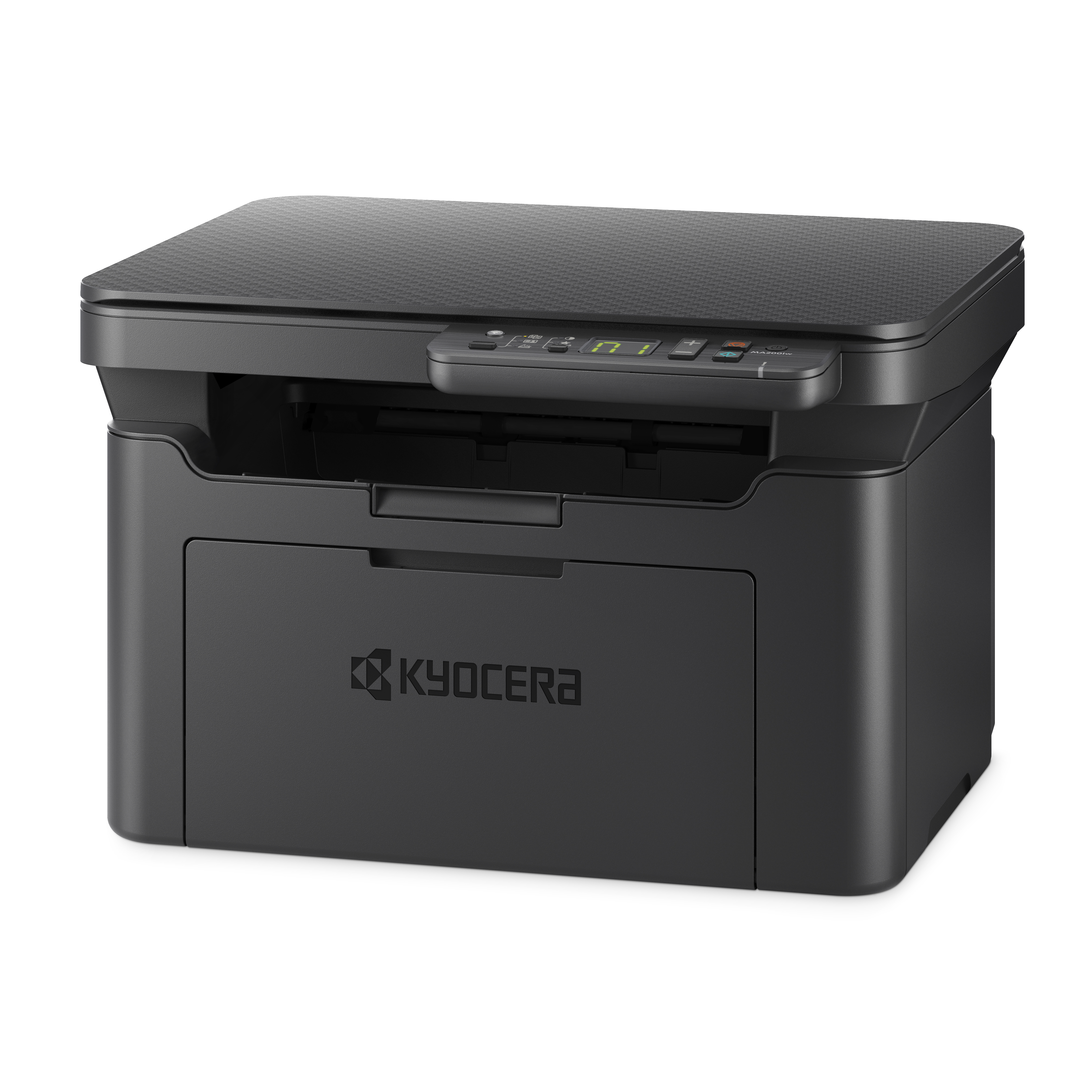 Siyah Kyocera yazıcı açılı olarak. Ön tepsi kapalıdır. Kyocera logosu görünür.