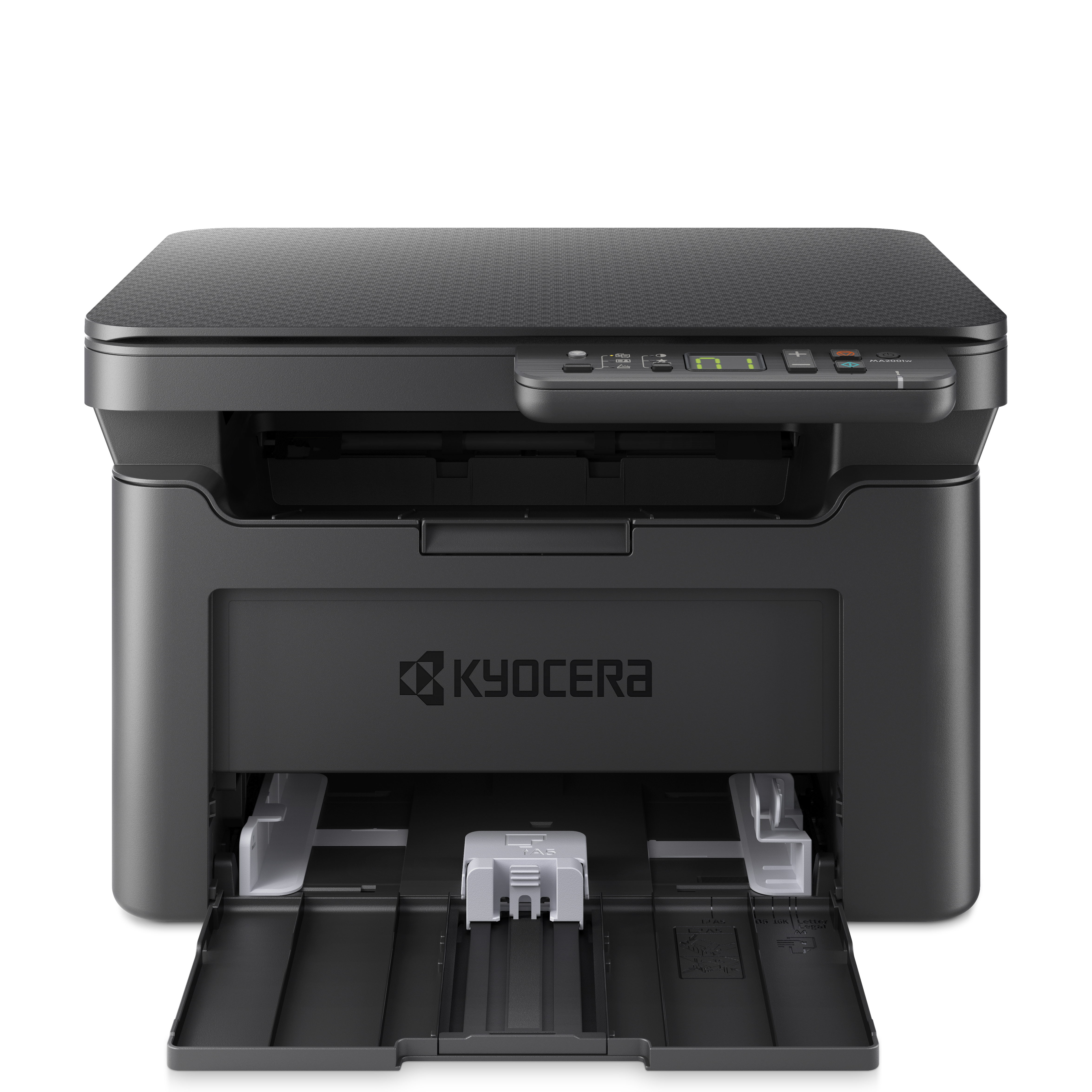 Siyah Kyocera yazıcı. Ön tepsi açık. Kyocera logosu görünür.