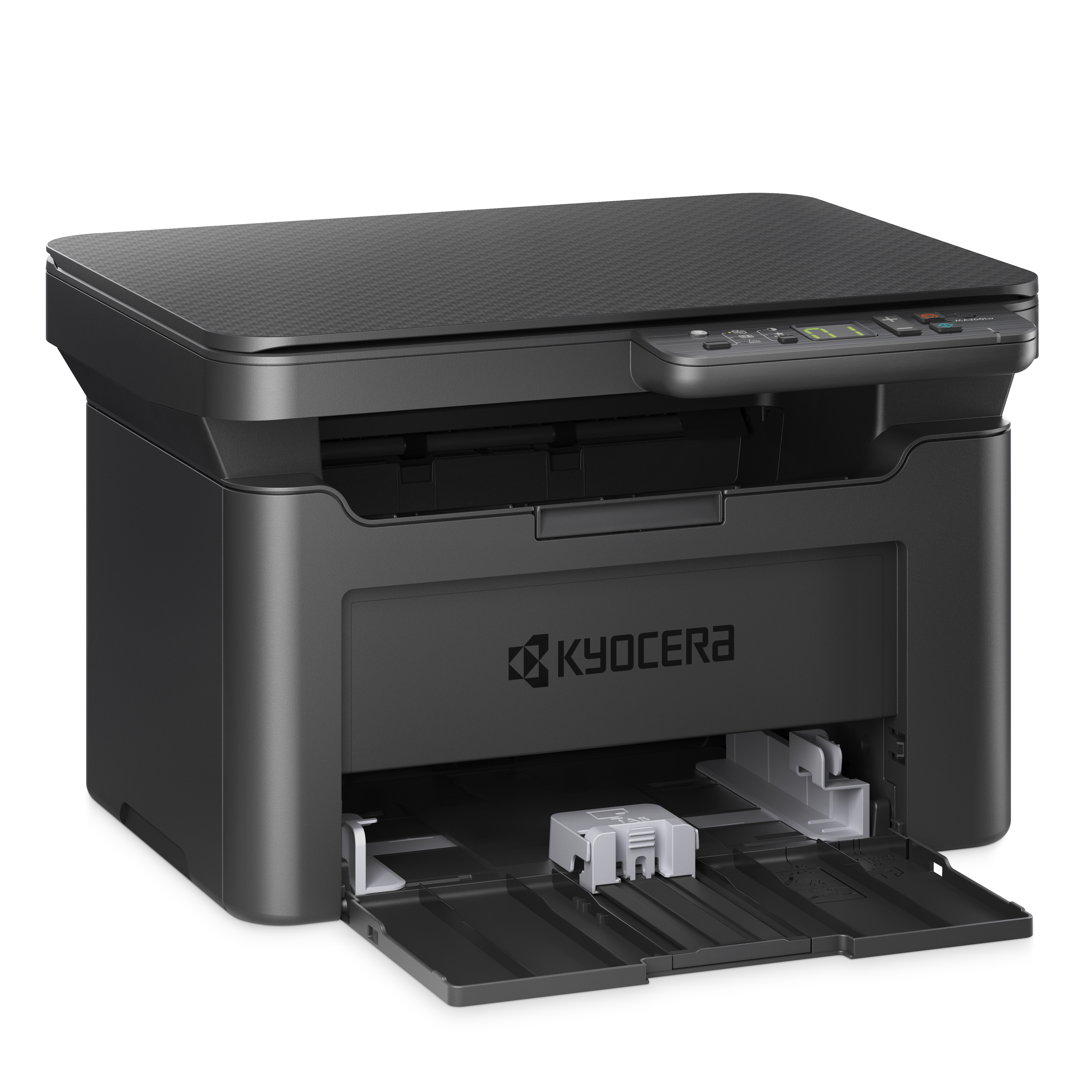 Siyah Kyocera yazıcı. Ön tepsi açık. Kyocera logosu görünür.