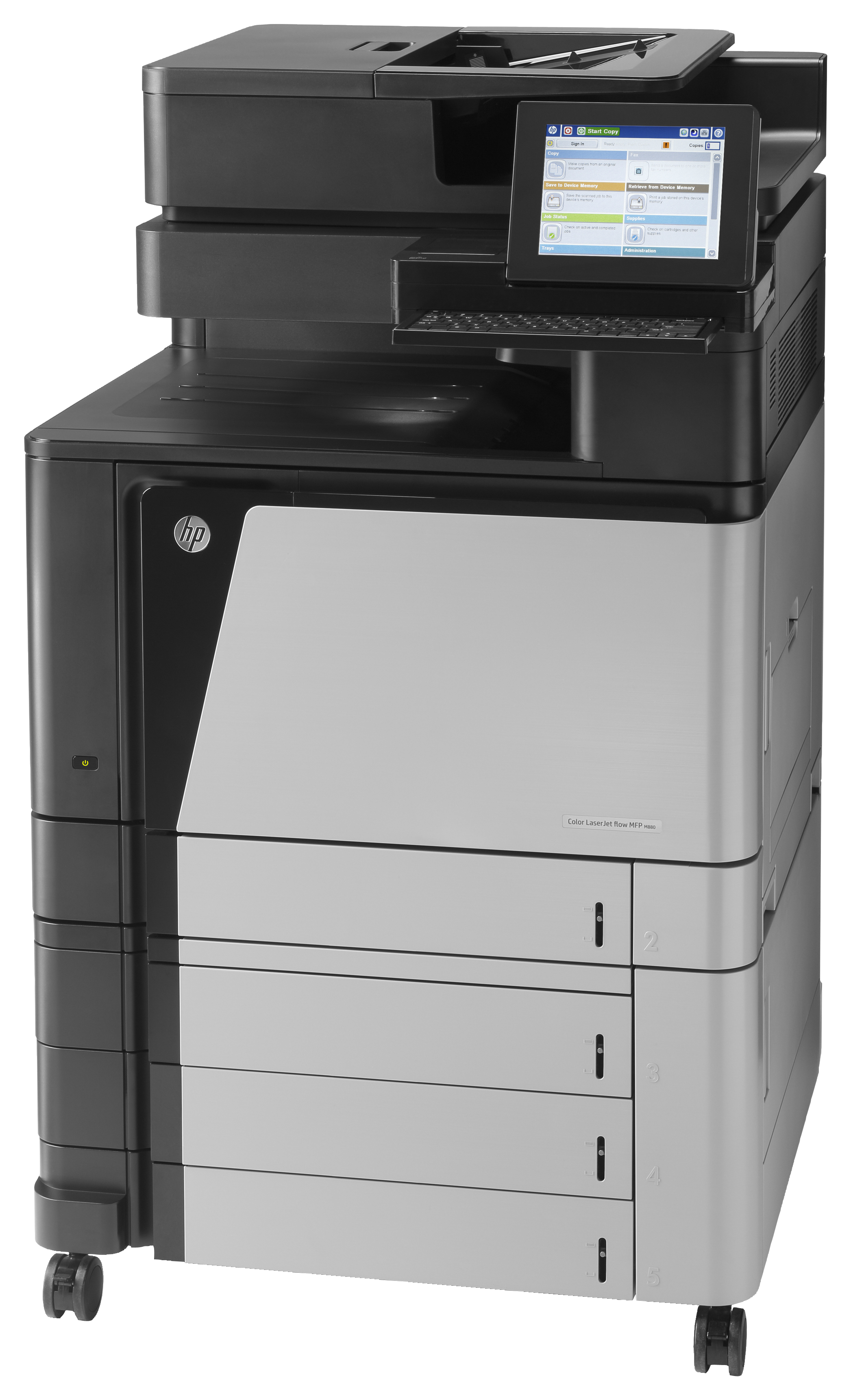 Una grande stampante HP con touchscreen, vassoi per la carta e una combinazione di colori nero e argento.