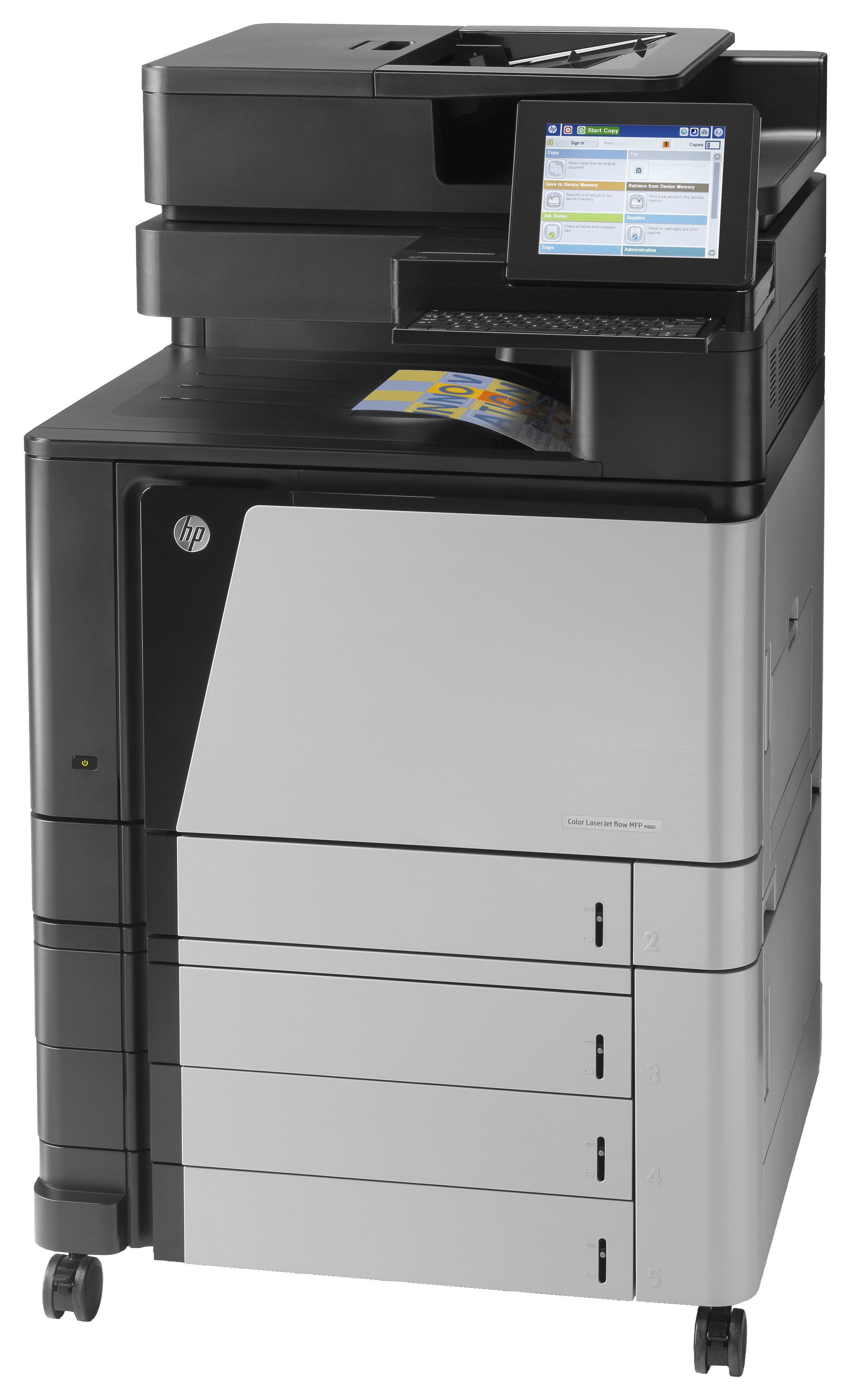 Una grande stampante HP nera e argento, con schermo touchscreen e più vassoi per la carta. Il design è complesso.