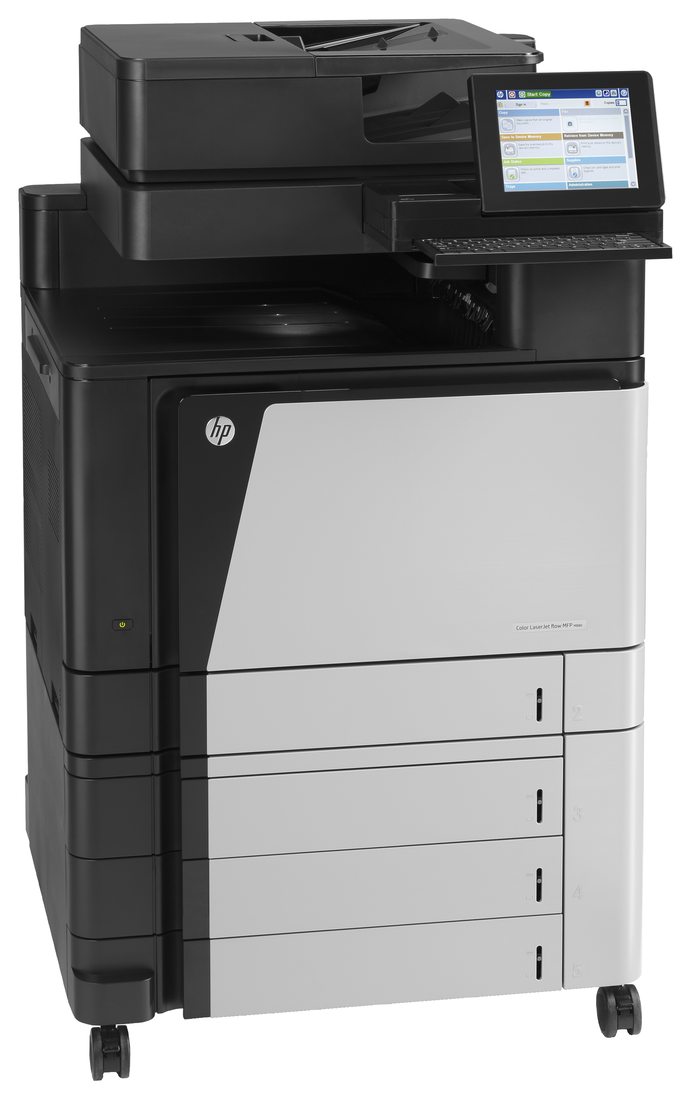 Una grande stampante HP in bianco e nero con touchscreen e vassoi per la carta. È su ruote.