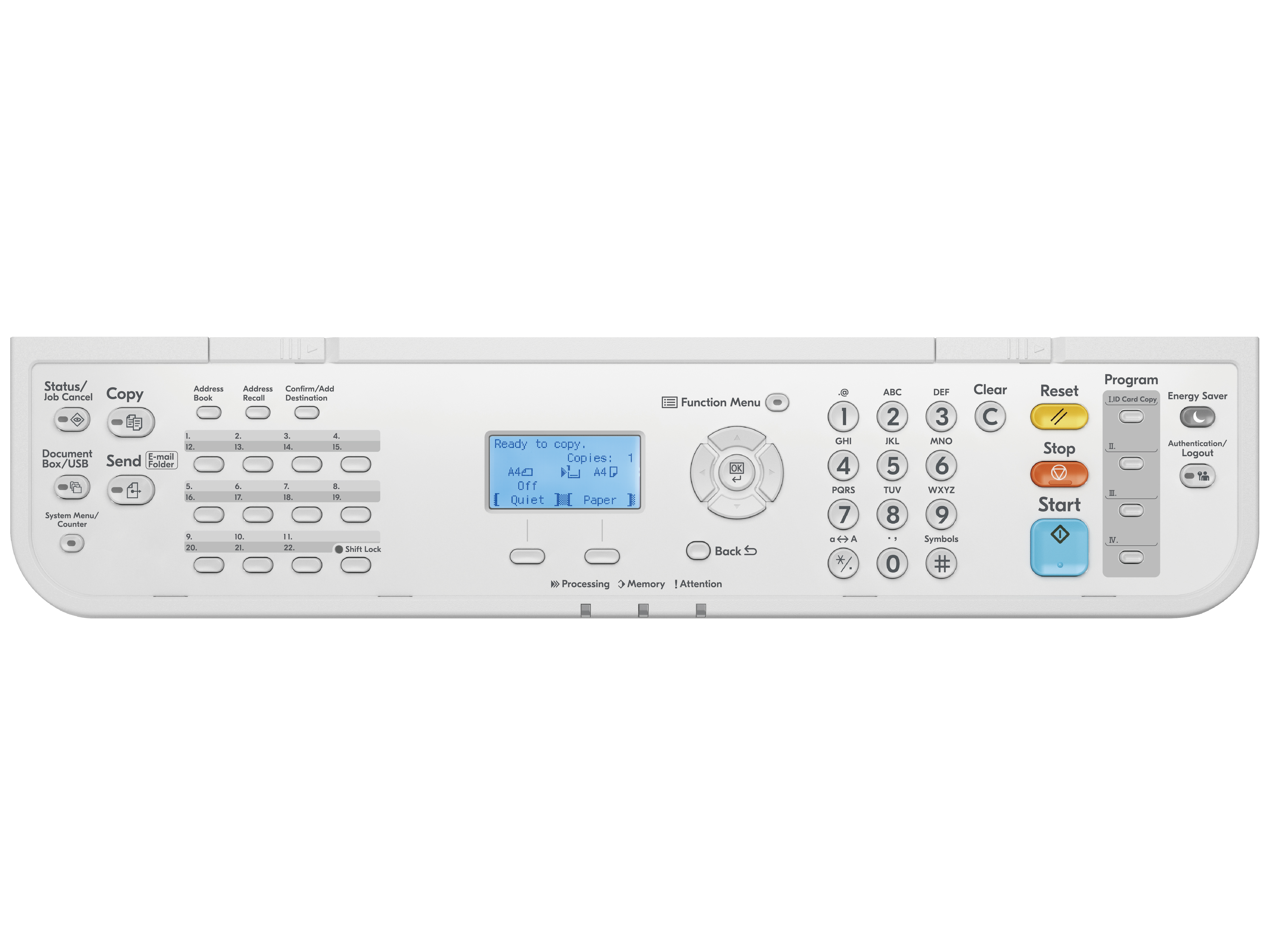 Panel sterowania drukarki z przyciskami i małym wyświetlaczem pokazującym ustawienia.