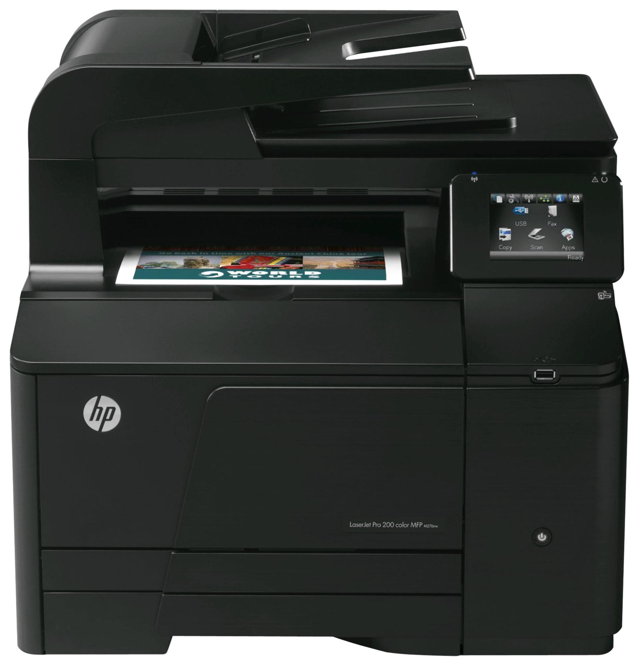 HP Laserjet Pro 200 MFP a colori, nero, con touchscreen e uscita carta.