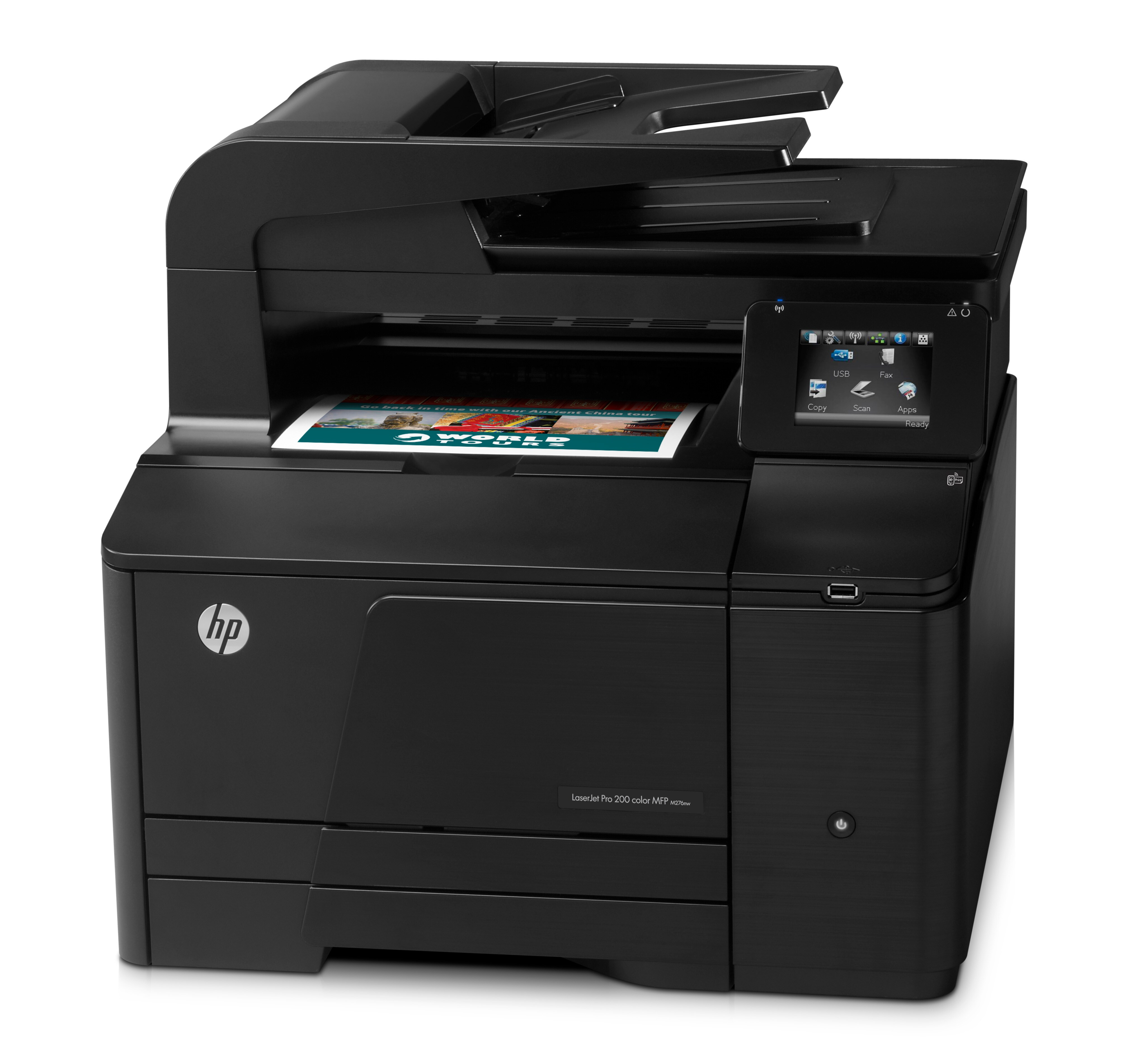 Stampante HP nera con pagina stampata visibile.