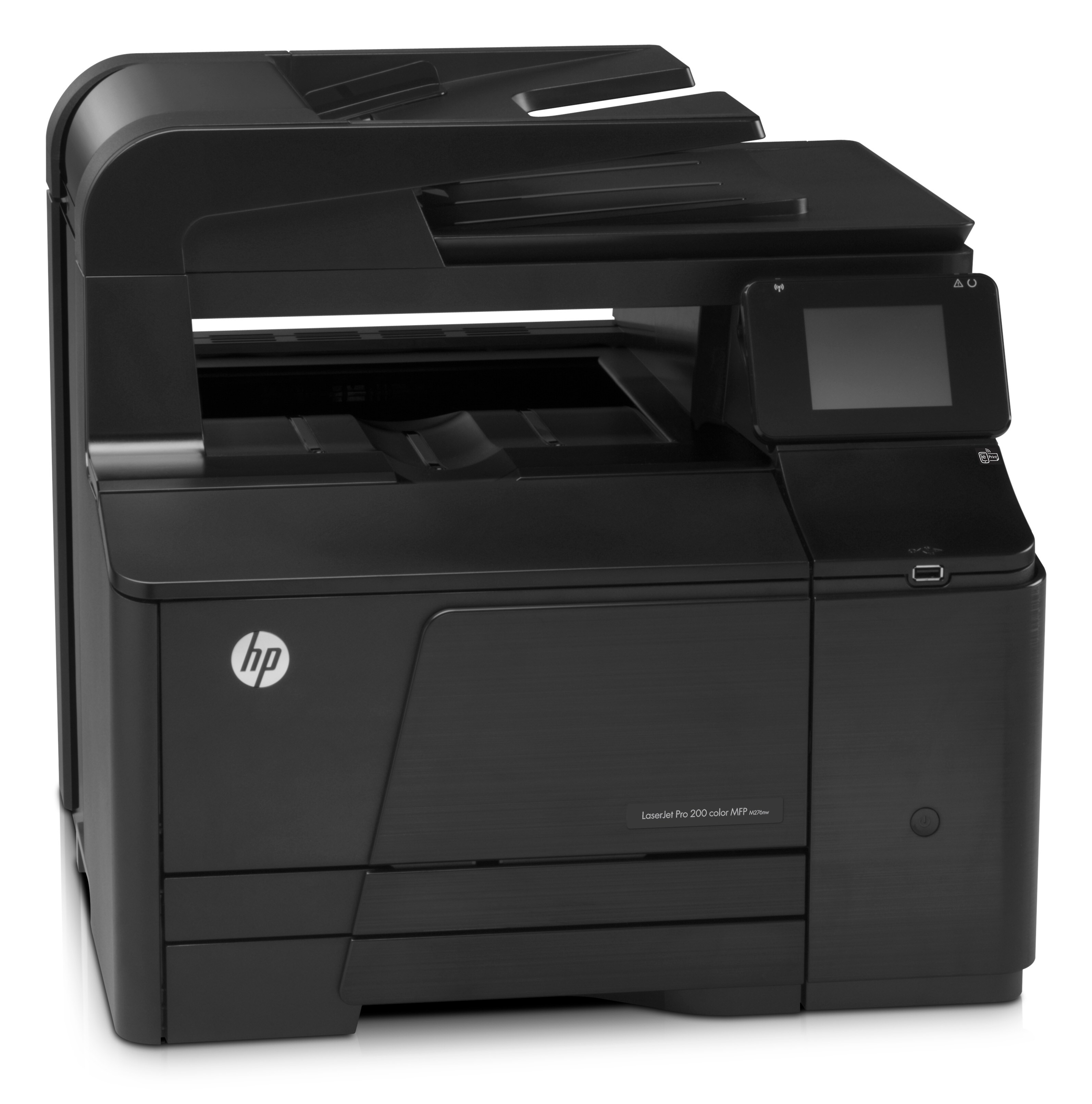 Stampante HP Laserjet Pro 200 nera con interfaccia touchscreen.