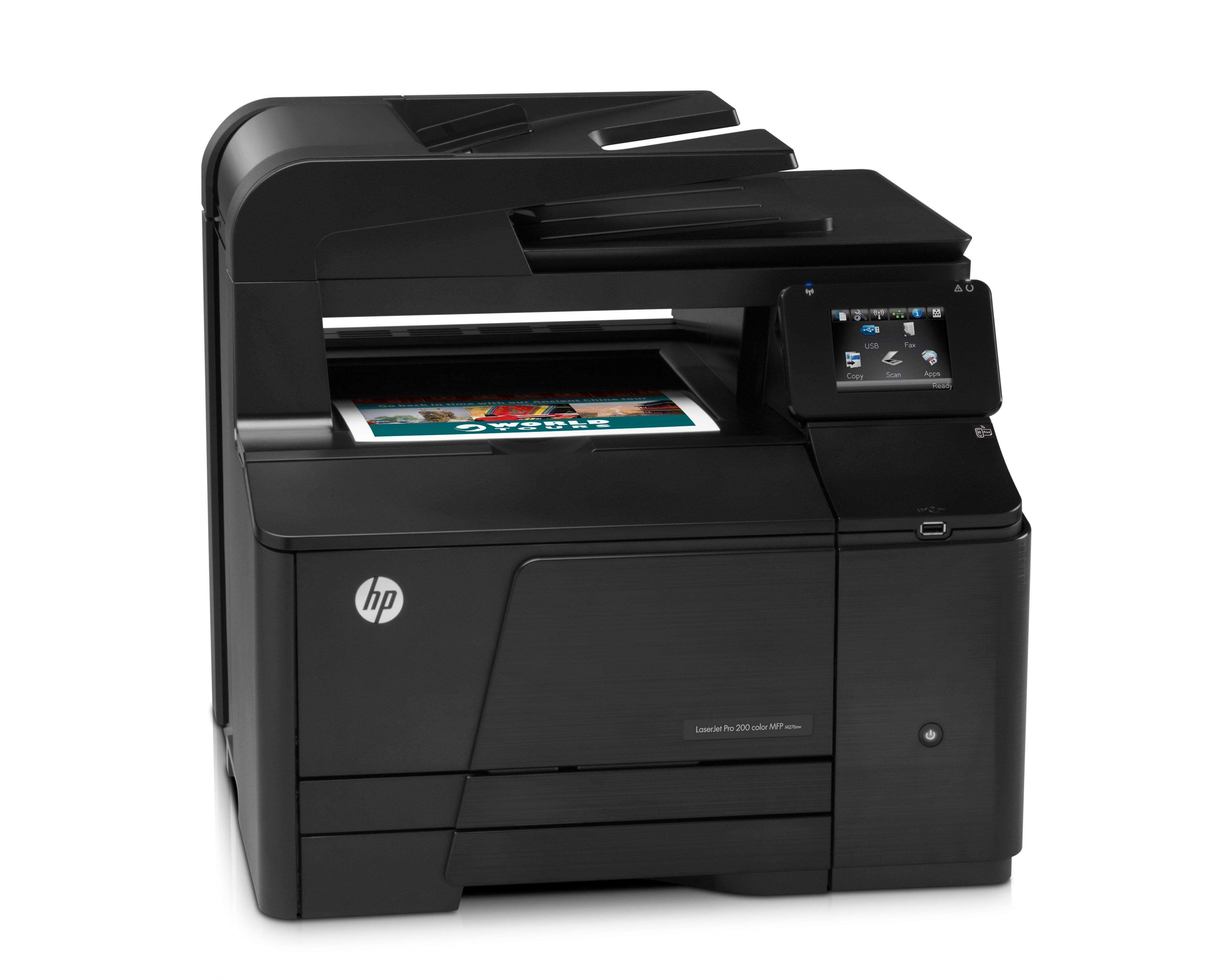 Stampante HP nera con pannello di controllo e documento stampato nel vassoio.