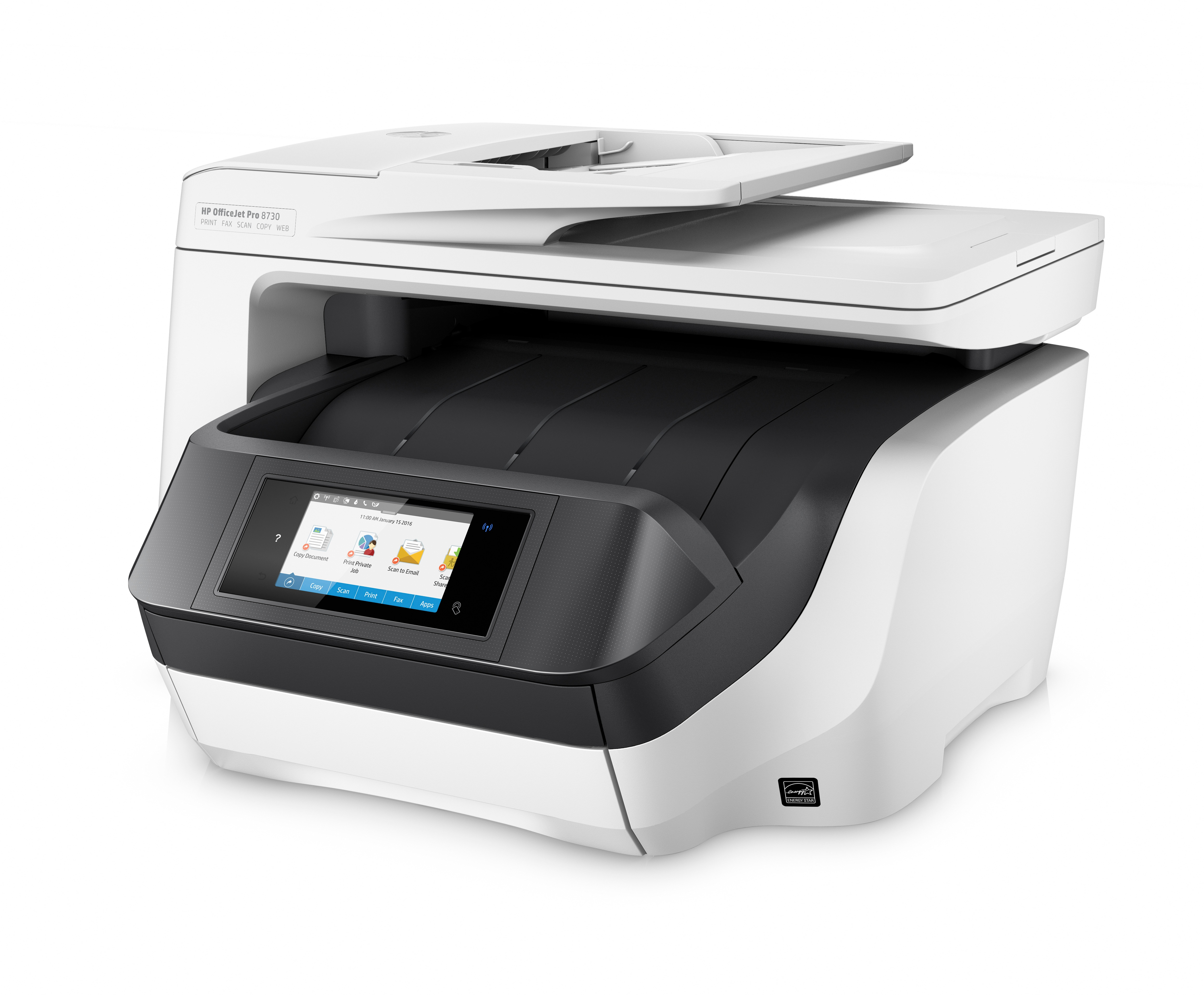 Stampante HP Officejet Pro bianca e nera. Include alimentatore documenti e touchscreen.