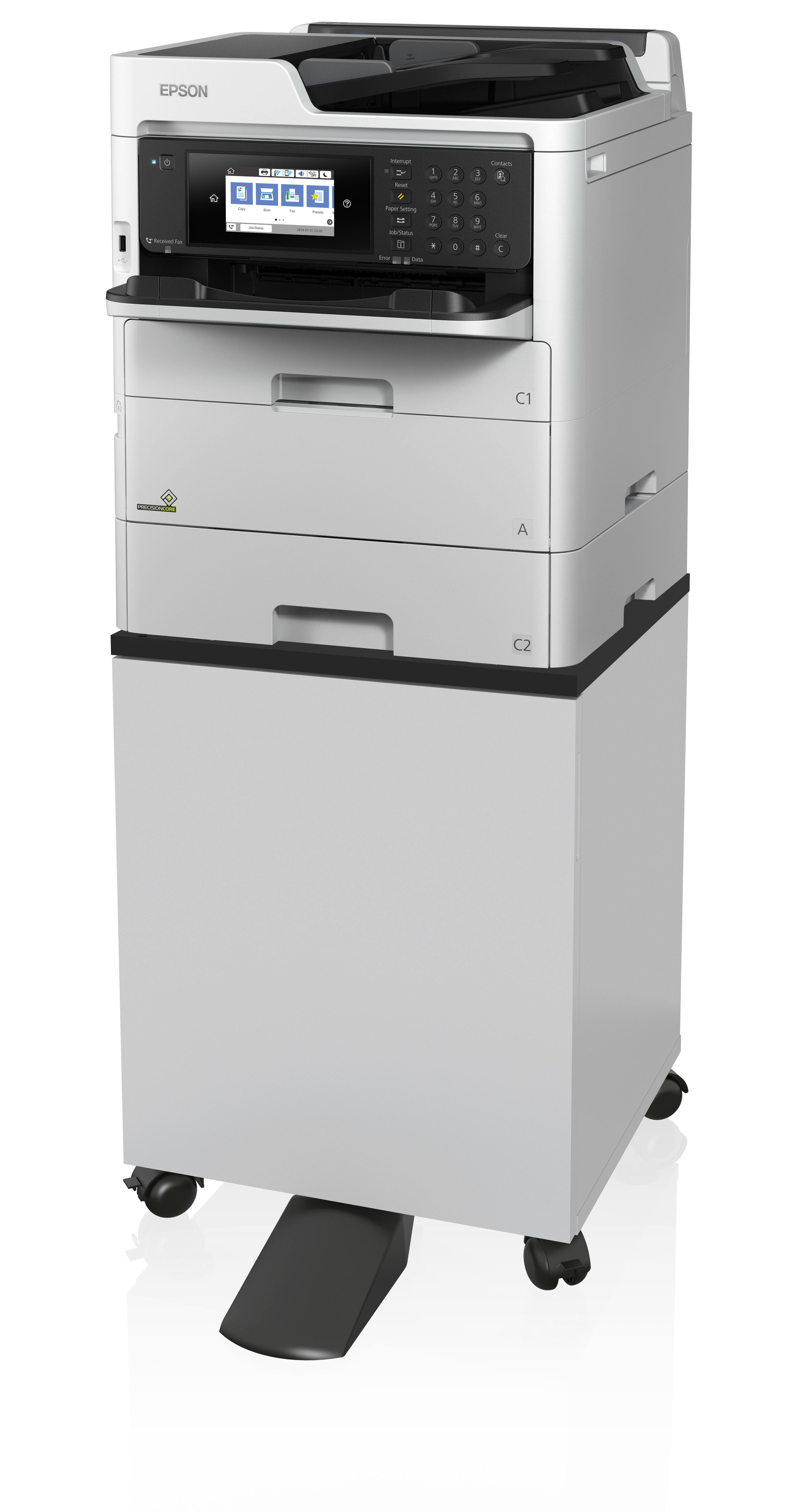 Biała drukarka Epson. Posiada ekran dotykowy, klawiaturę i dwie tace na papier. Czarny podnóżek na podłodze.