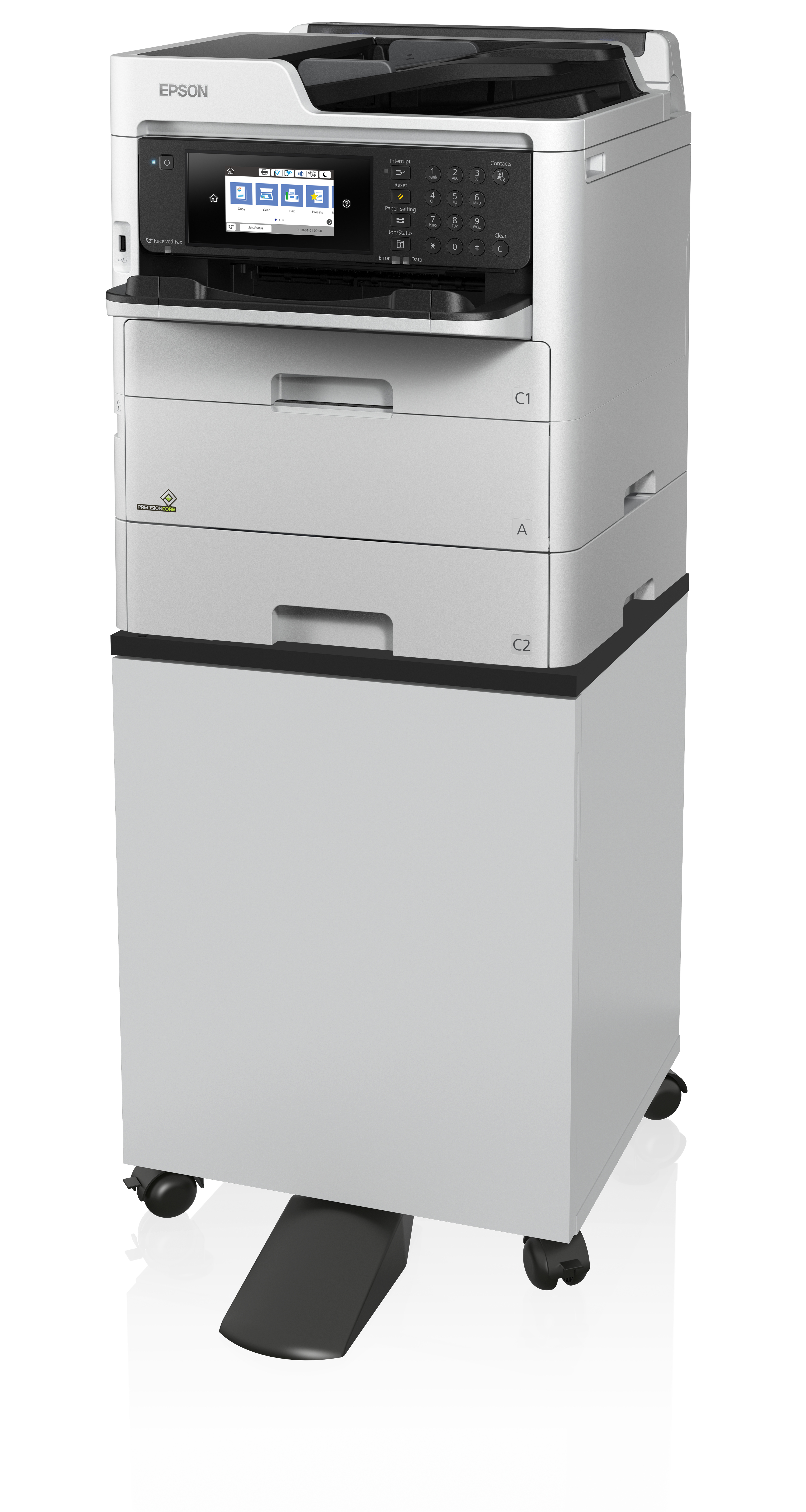 Duża biała drukarka z dwiema tacami i czarnym panelem sterowania. Stoi na kółkach.