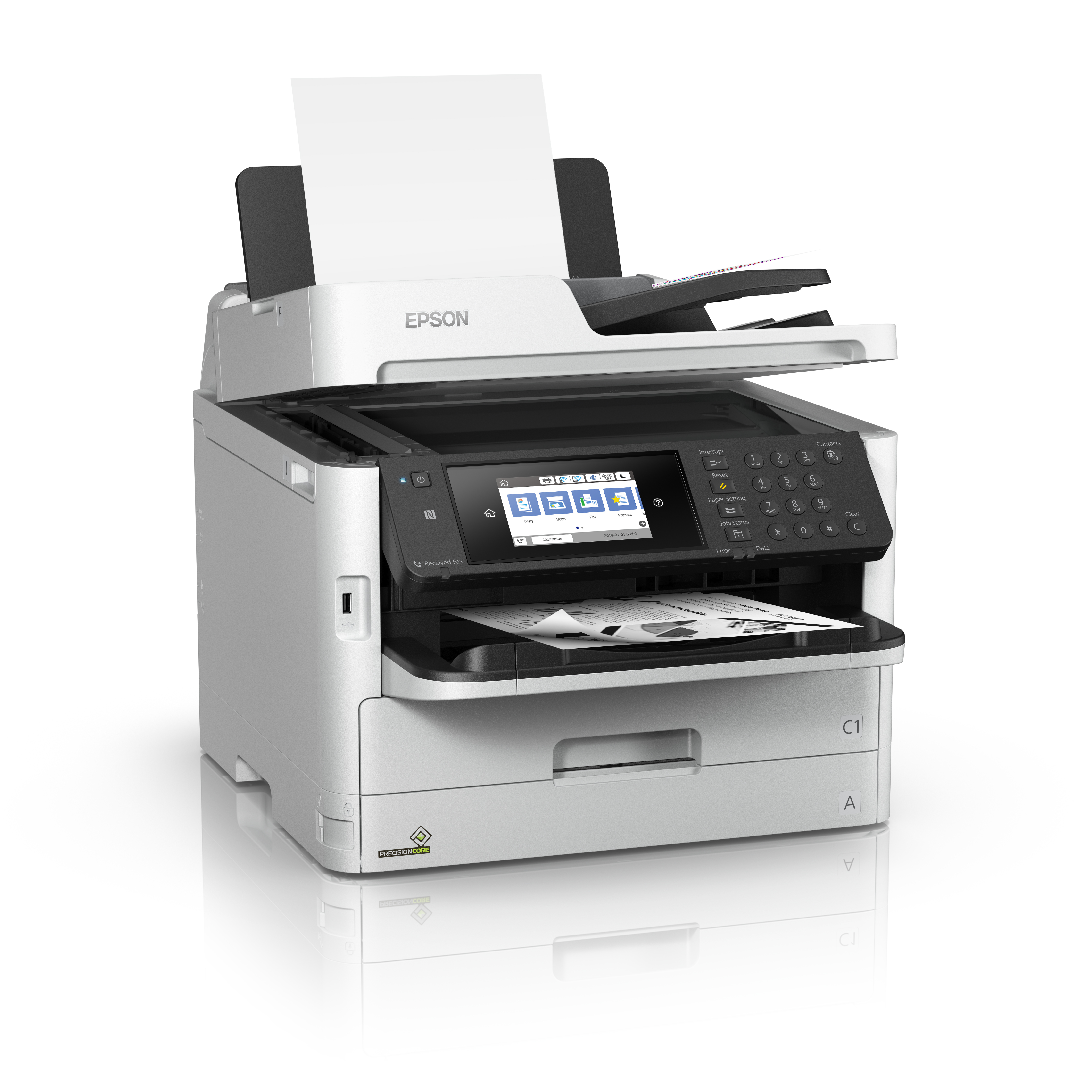 Stampante Epson bianca con vassoio carta aperto, che mostra l'interno. Sfondo bianco.