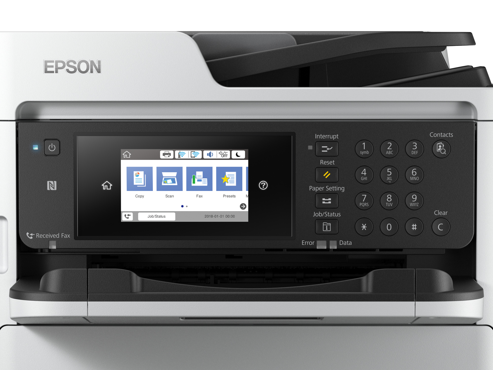 Stampante multifunzione Epson. Ha uno schermo che mostra le opzioni di copia, scansione, fax e preimpostazione.