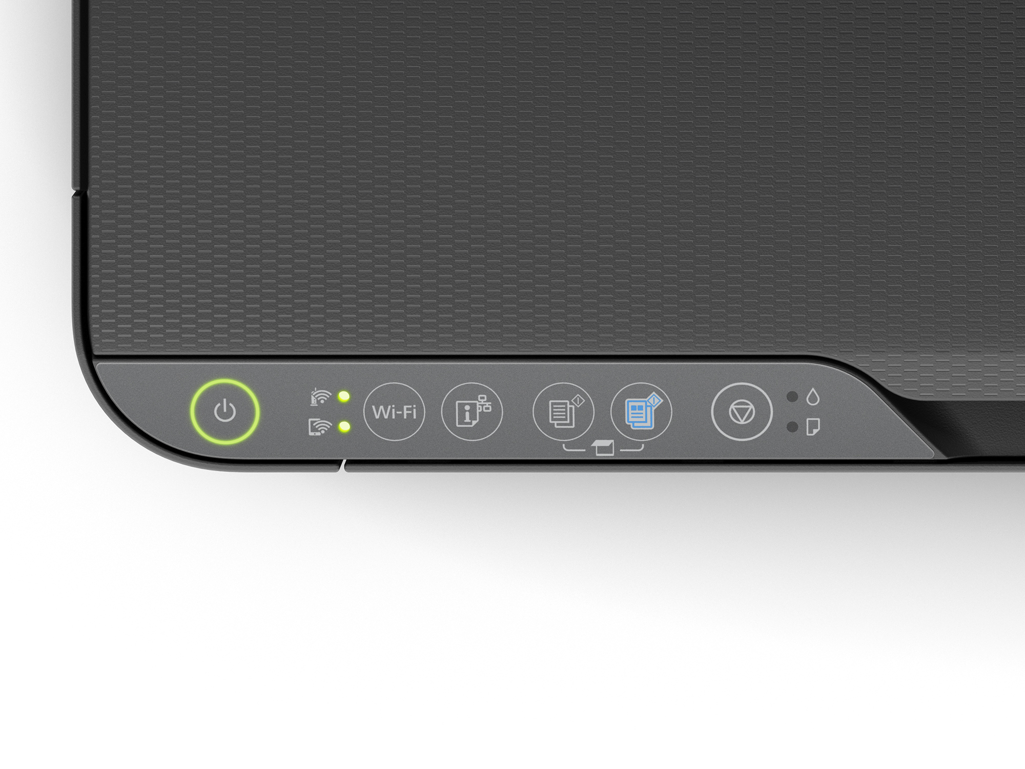 Epson yazıcının kontrol panelinin yakın çekimi. Güç ve Wi-Fi düğmeleri yanıyor.
