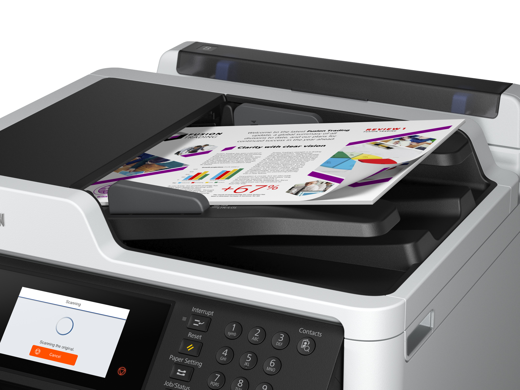 Una stampante Epson sta scansionando un documento. Lo schermo mostra l'avanzamento della scansione.
