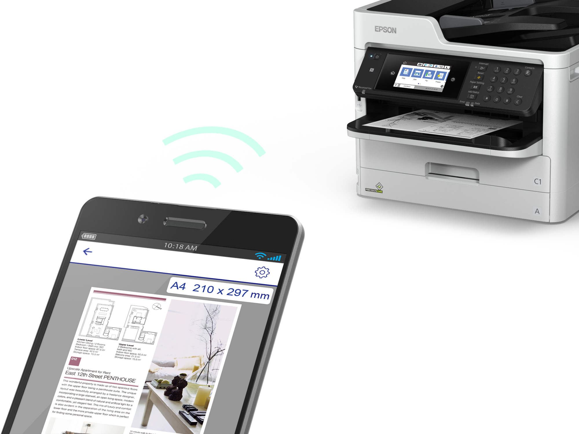 Uno smartphone che mostra un documento collegato in modalità wireless a una stampante Epson.