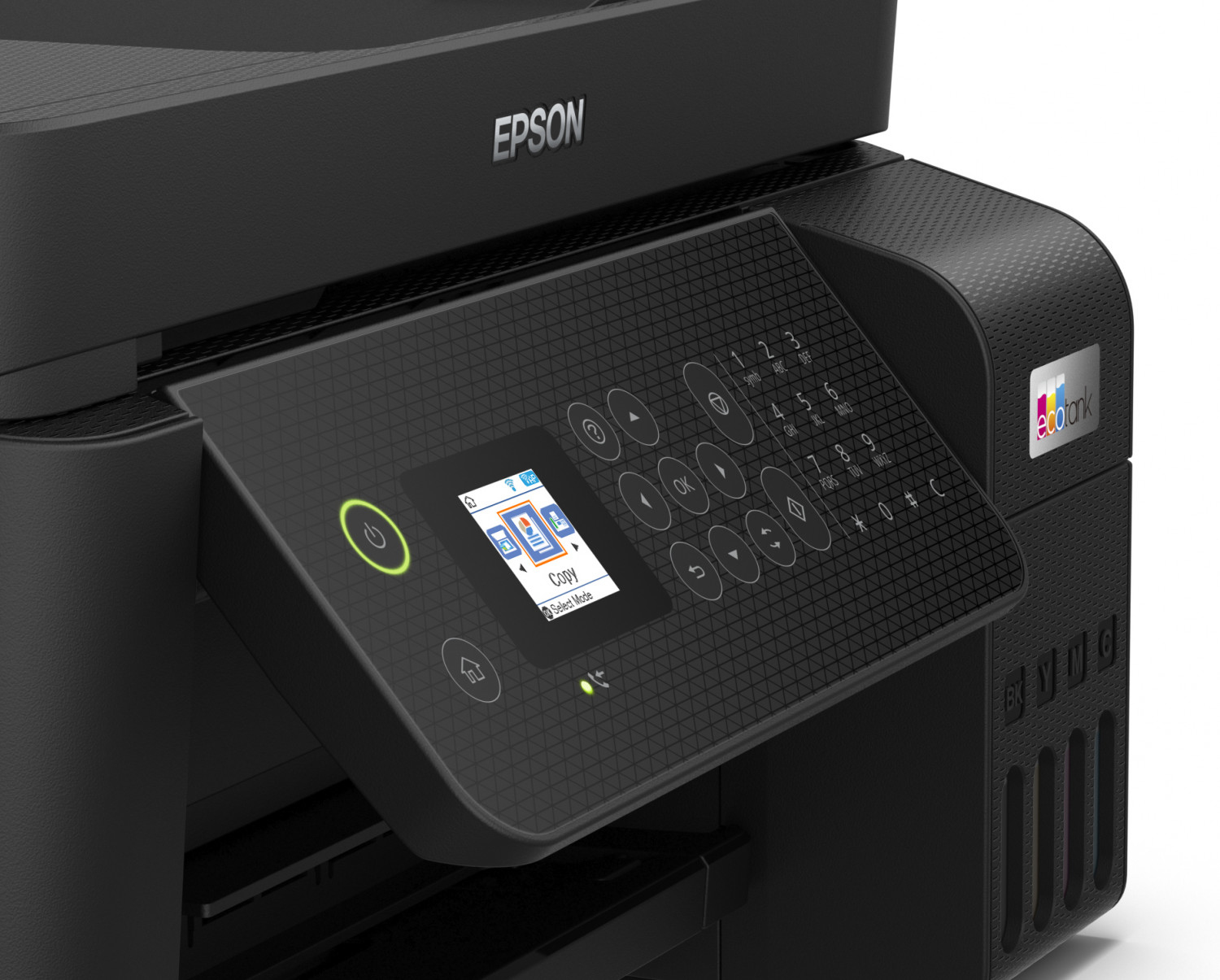 Primo piano del pannello di controllo di una stampante Epson nera con schermo e pulsanti.