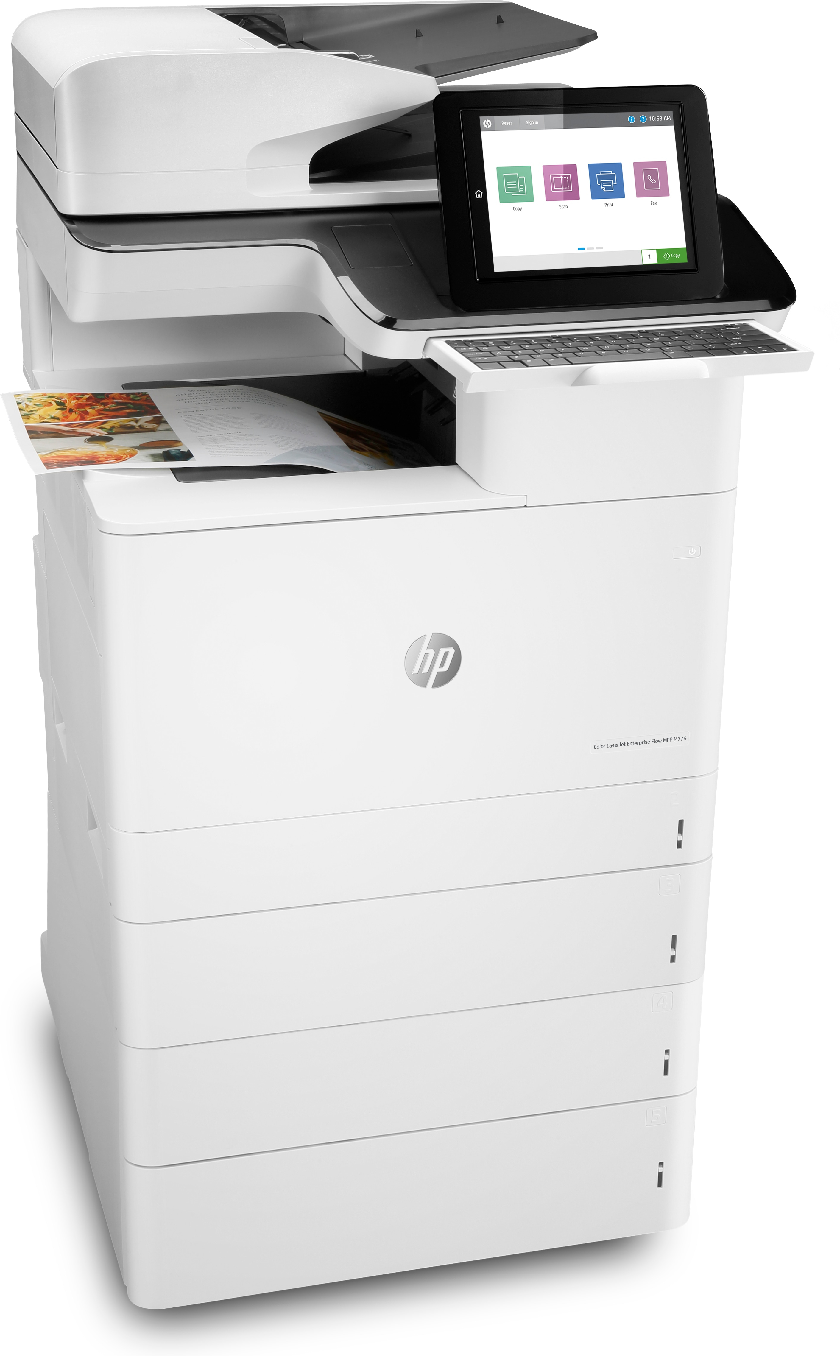Impresora HP blanca con pantalla táctil y bandeja de salida de papel. Se está imprimiendo un documento.