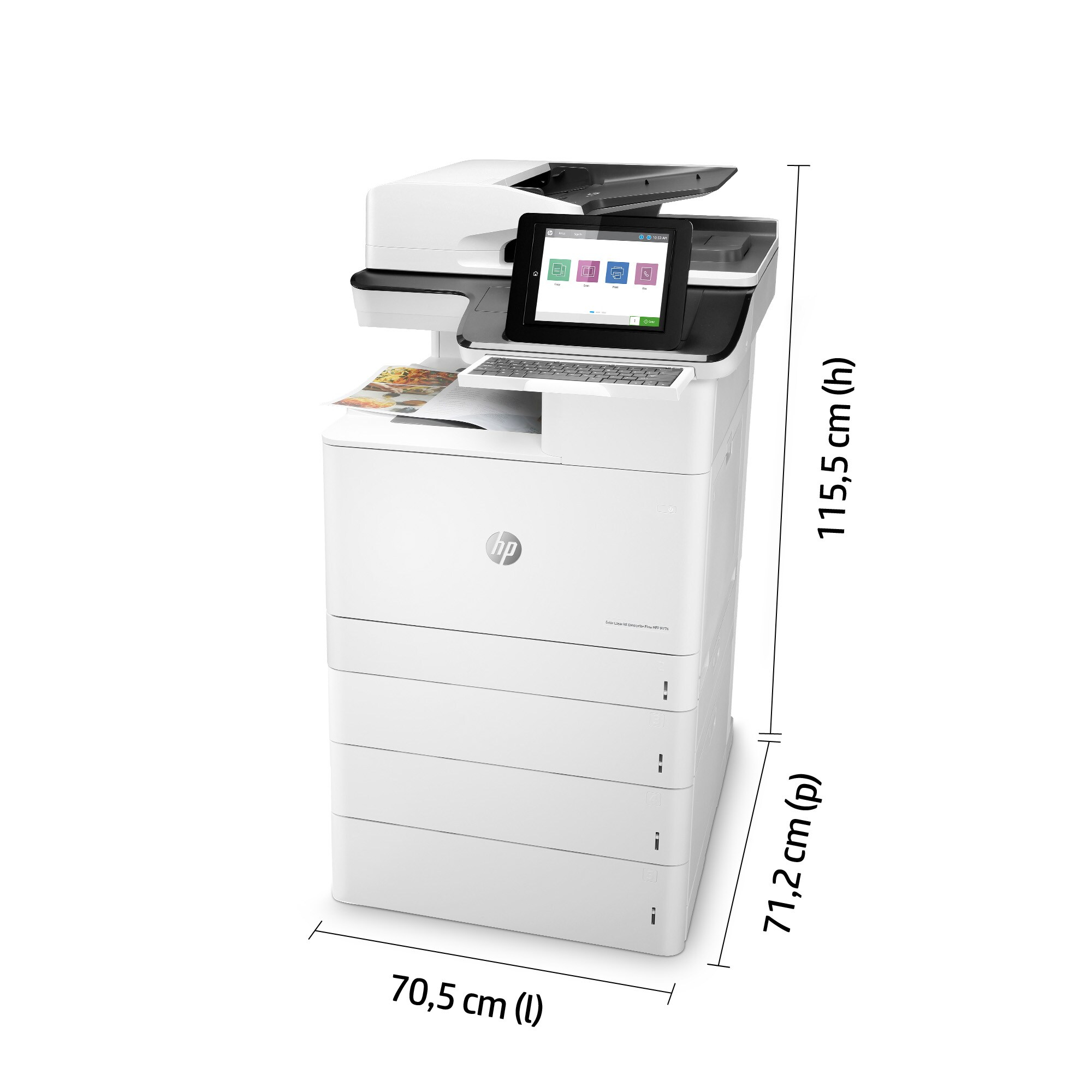 Una gran impresora blanca con una tableta encima. La tableta muestra una interfaz de trabajo de impresión.