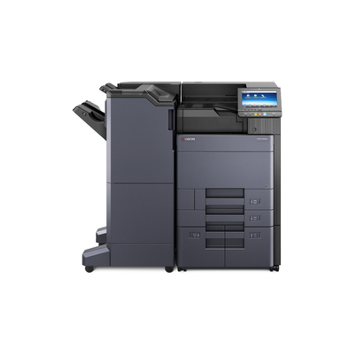 Großer, schwarzer und grauer Kyocera-Drucker auf weißem Hintergrund. Verfügt über einen Touchscreen und mehrere Papierfächer.