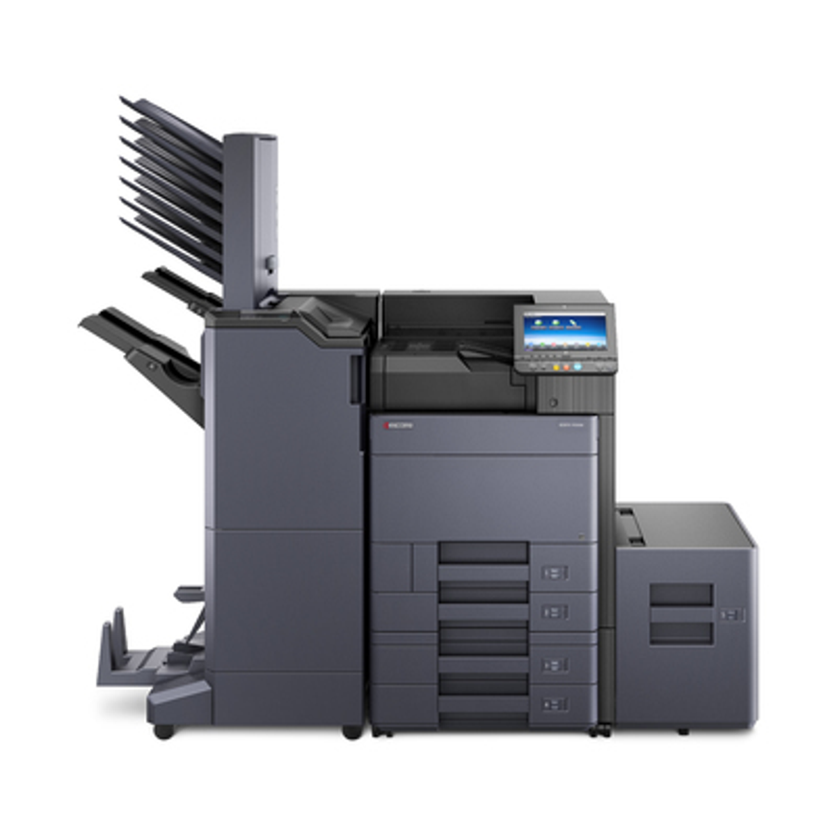 Großer schwarz-grauer Kyocera-Drucker mit mehreren Papierfächern und Display.
