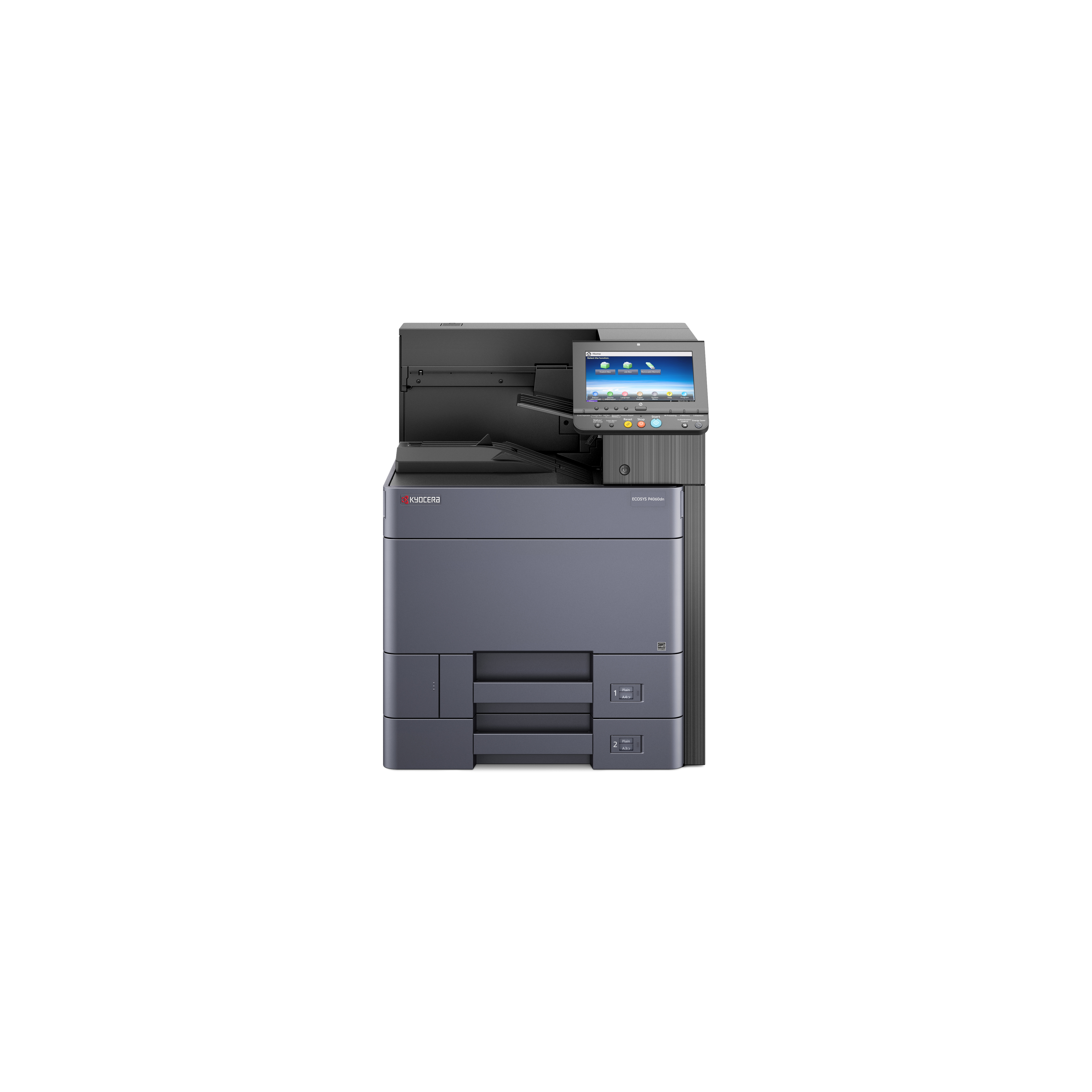 Ein Kyocera-Drucker auf weißem Hintergrund. Er ist grau und schwarz mit Touchscreen.