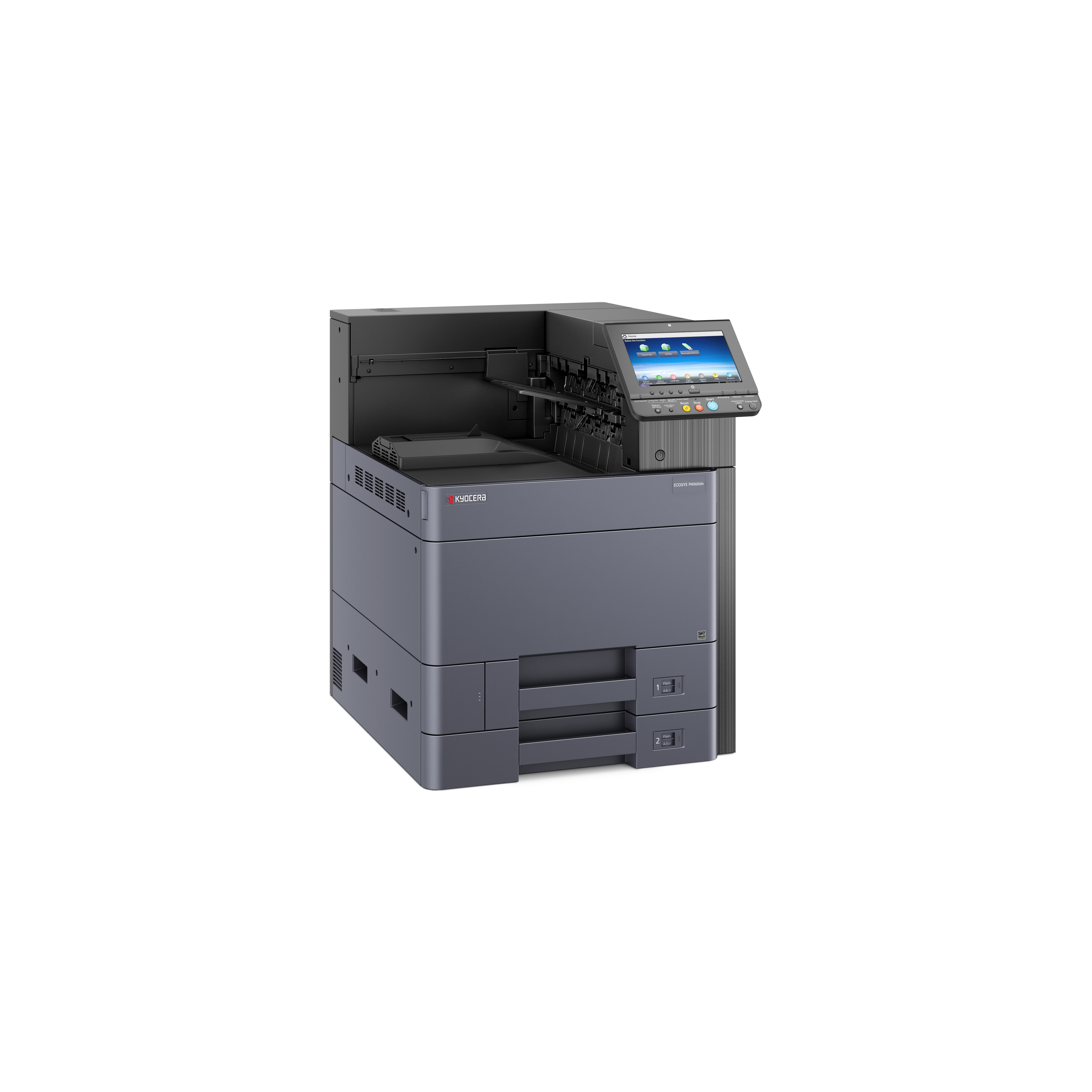 Ein dunkelgrauer Drucker mit Touchscreen. Es scheint ein geschäftsmodell zu sein.