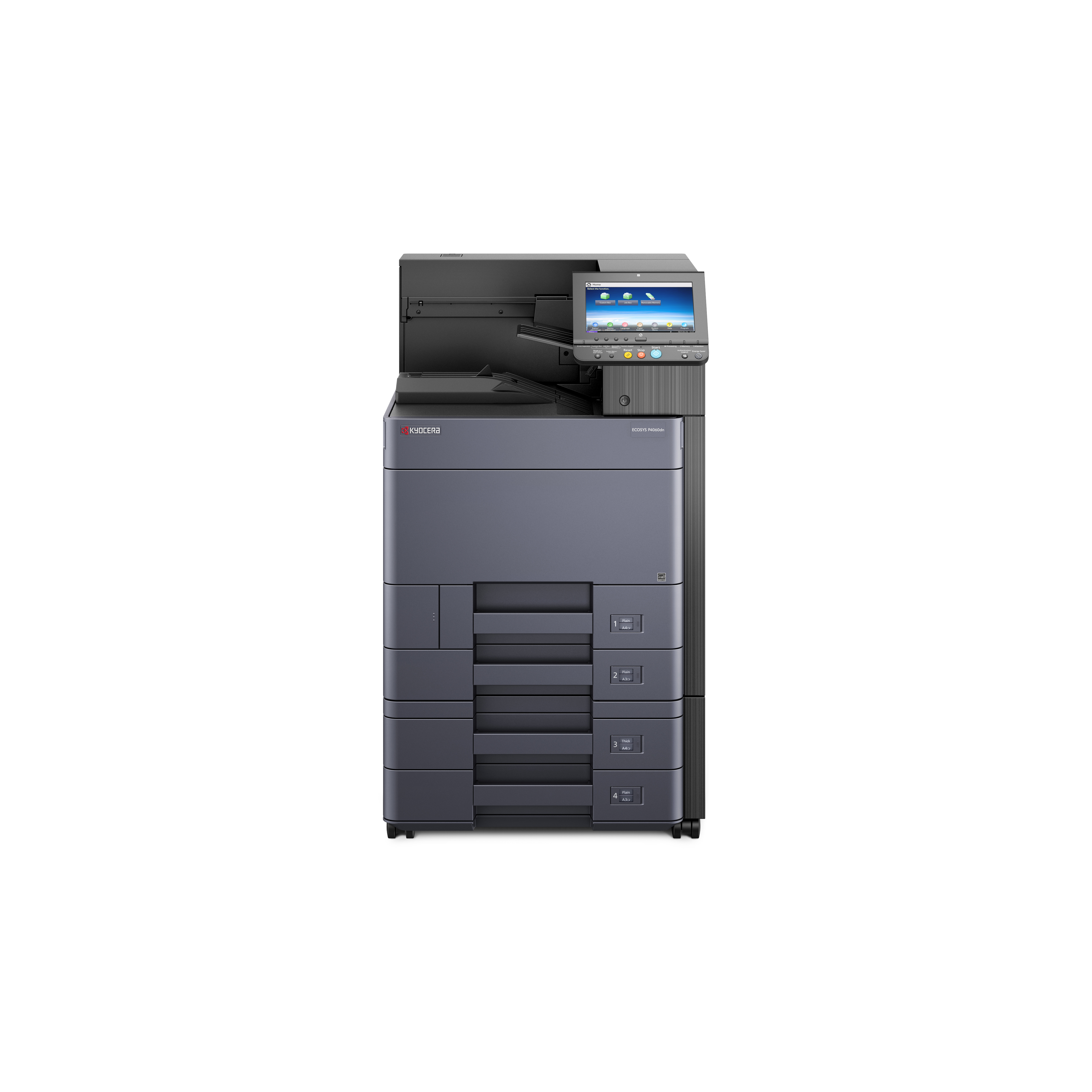 Ein großer grauer Drucker mit Touchscreen. Hat mehrere Papierfächer und einen Scanner oben.