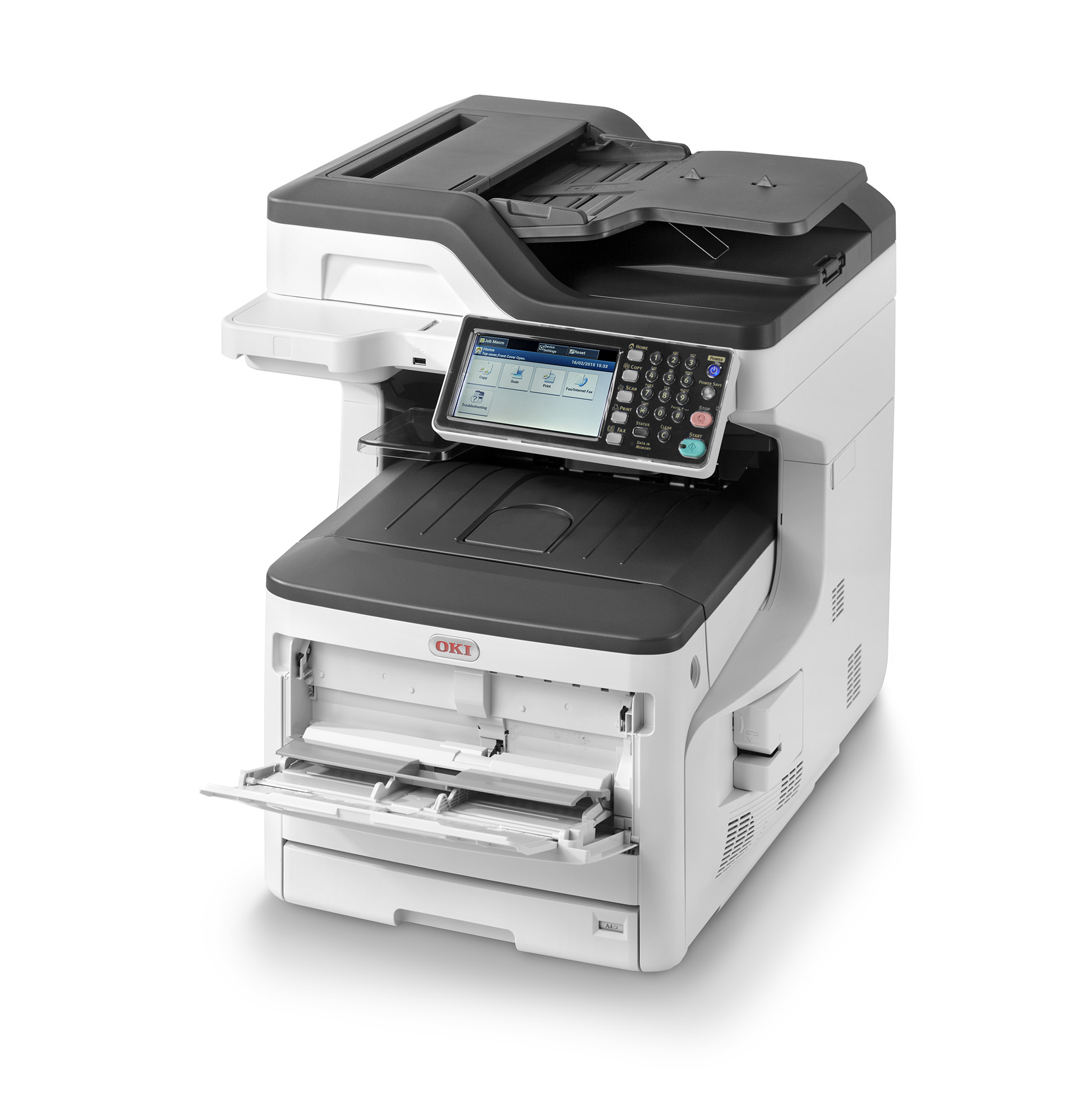 Biało-czarna drukarka OKI z ekranem dotykowym i otwartą tacą.