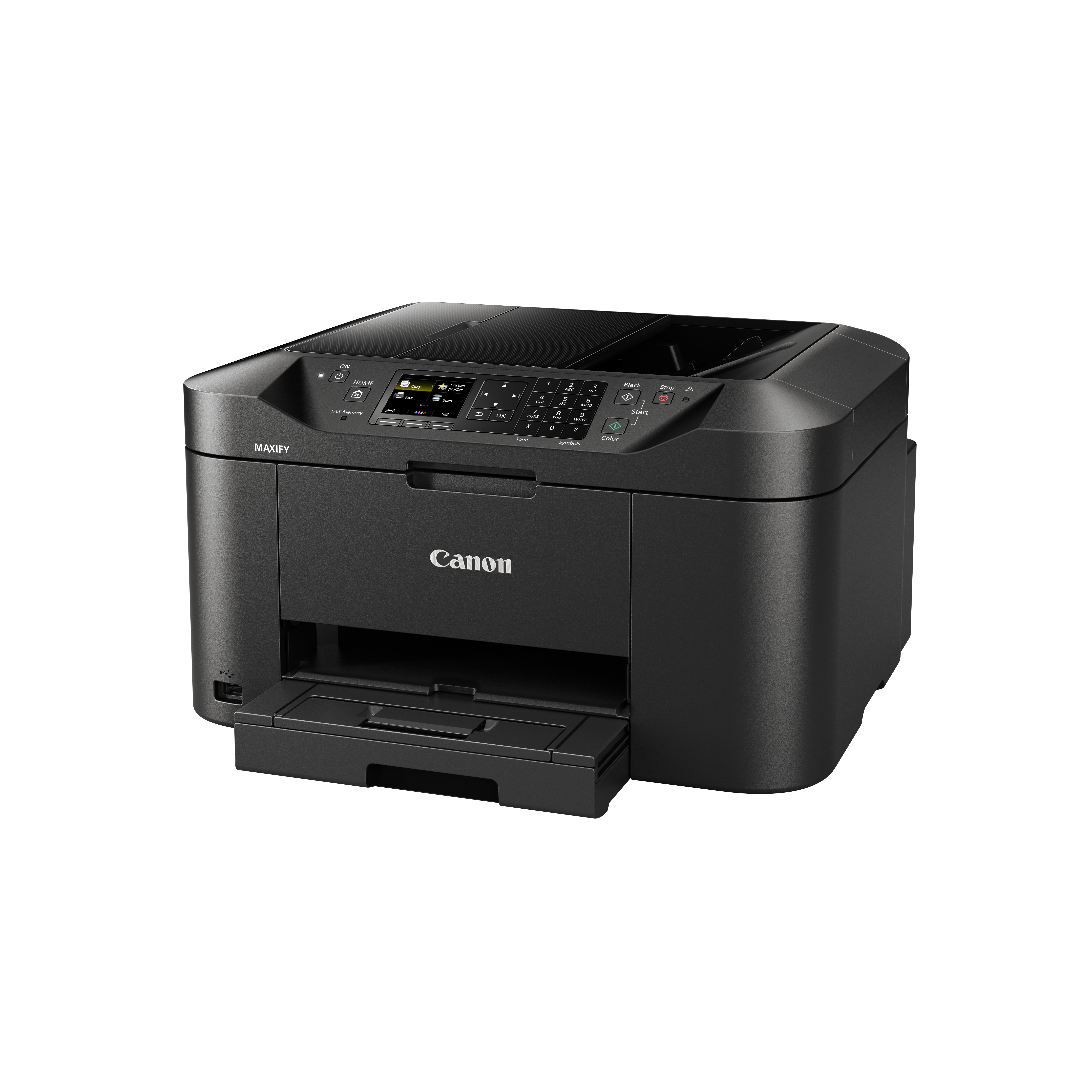 Czarna drukarka Canon z otwartą tacą na papier, panelem sterowania i czarną pokrywą.