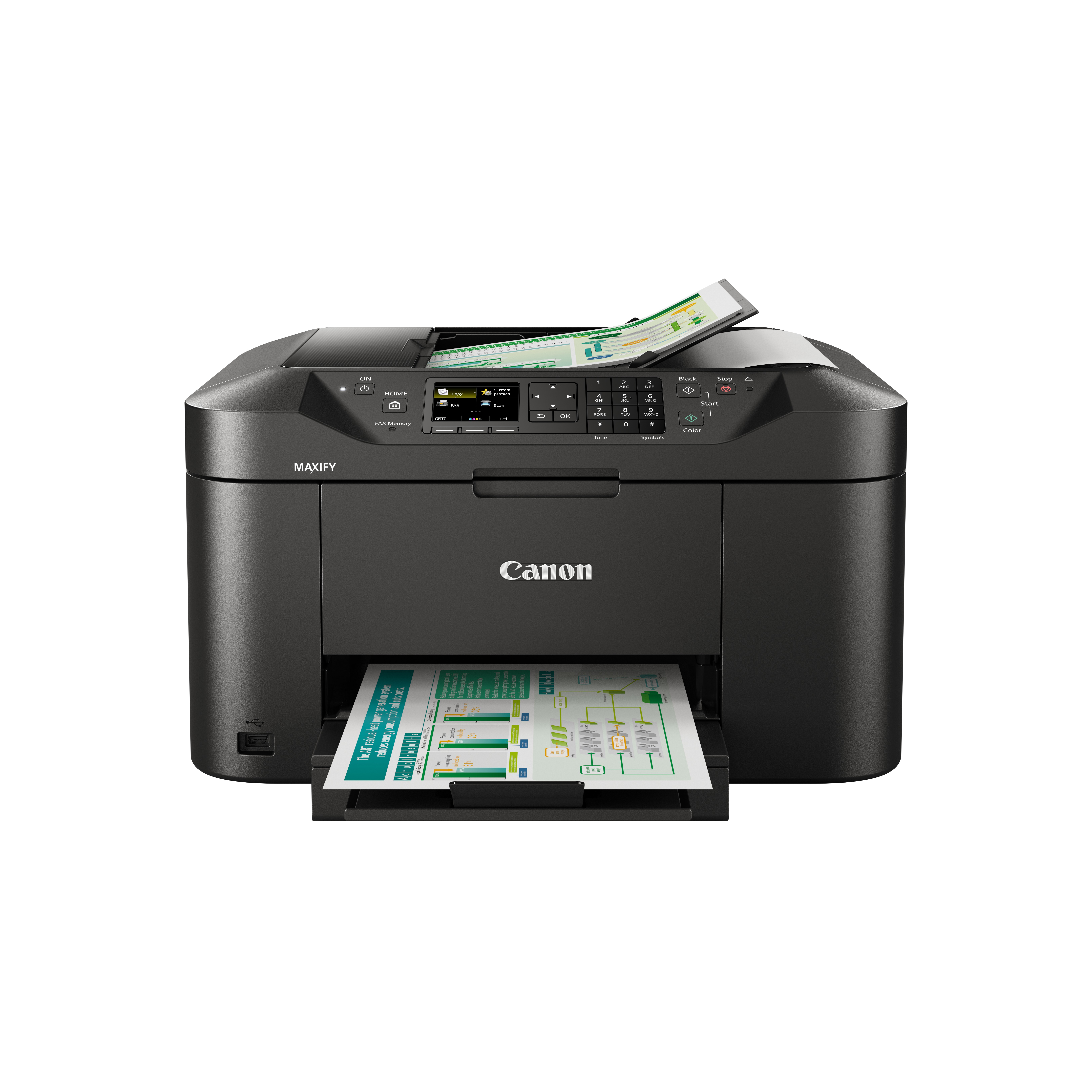 Czarna drukarka Canon. Widok z przodu, z otwartą tacą na papier i dokumentami. Widoczne logo Canon i przyciski.