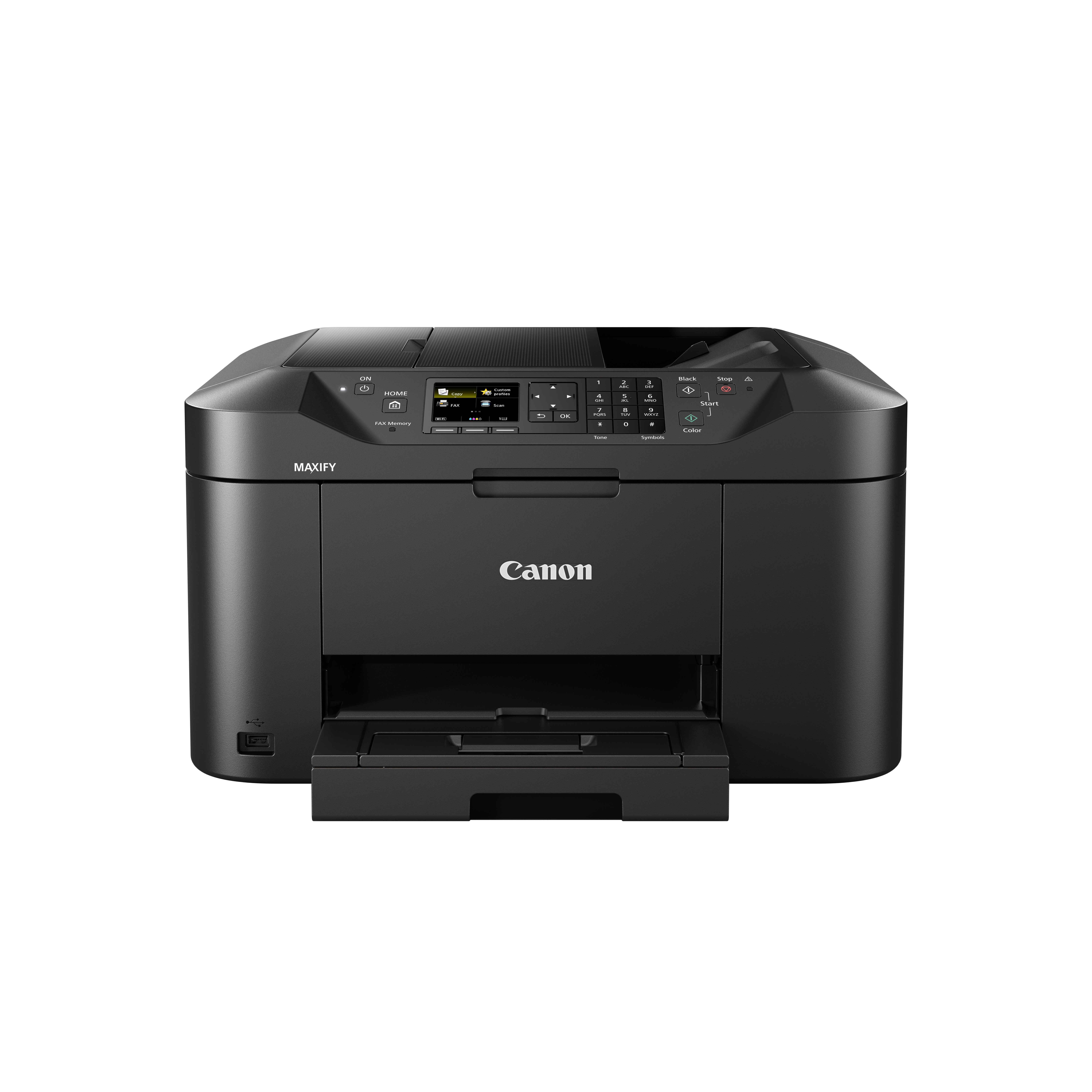 Czarna drukarka Canon MAXIFY na białym tle. Posiada ekran dotykowy, przyciski sterowania i podajnik papieru.