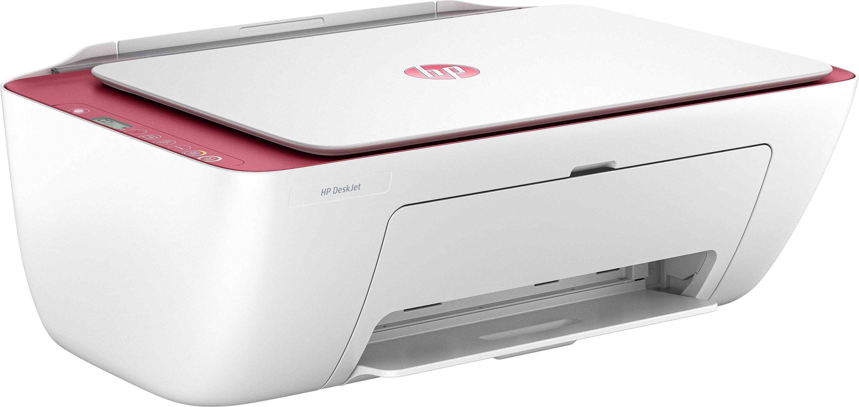 Stampante HP DeskJet con corpo bianco e parte superiore rossa, vista laterale.