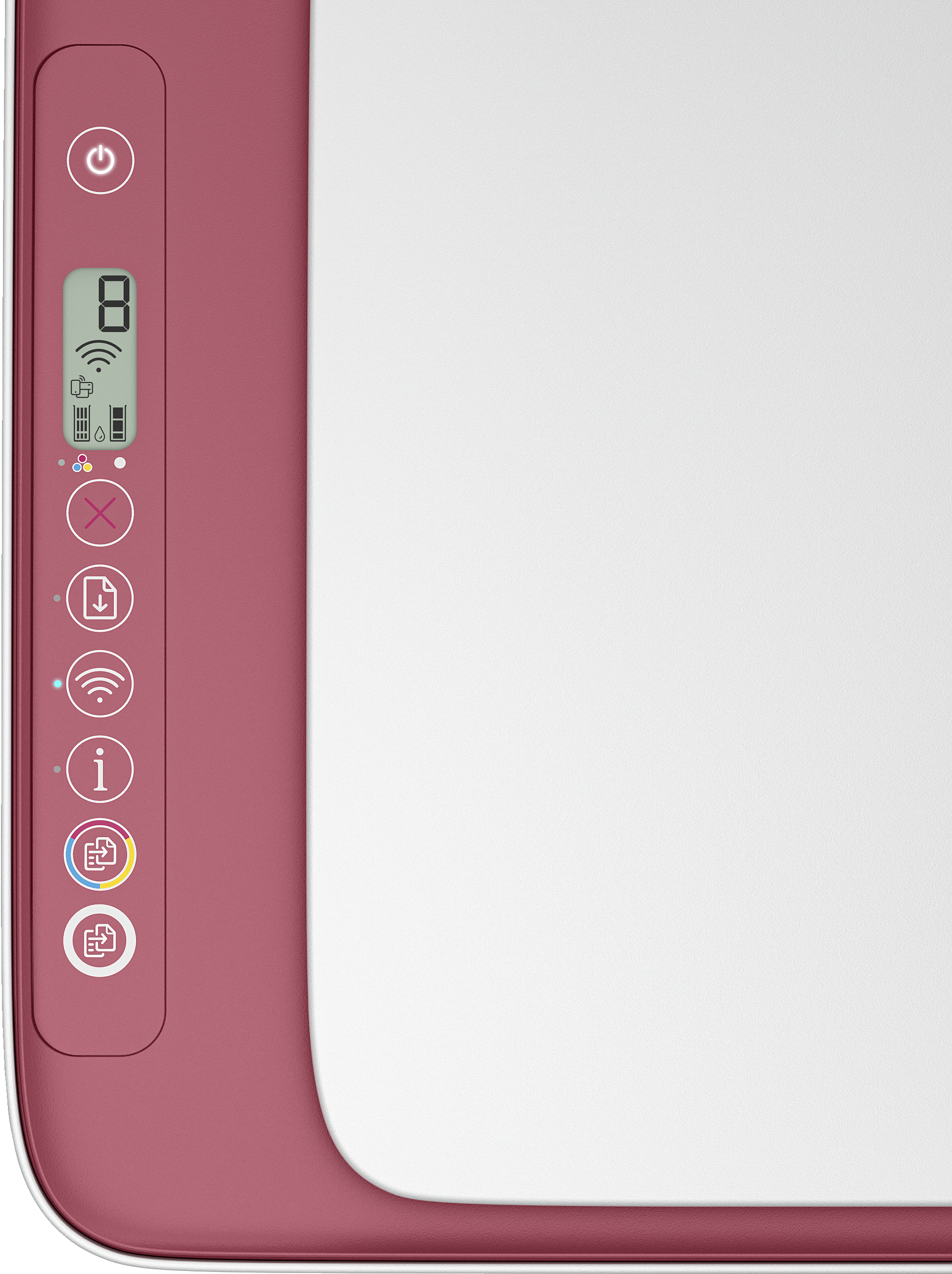 Stampante rosa e bianca con indicatori di alimentazione, errore e wifi.