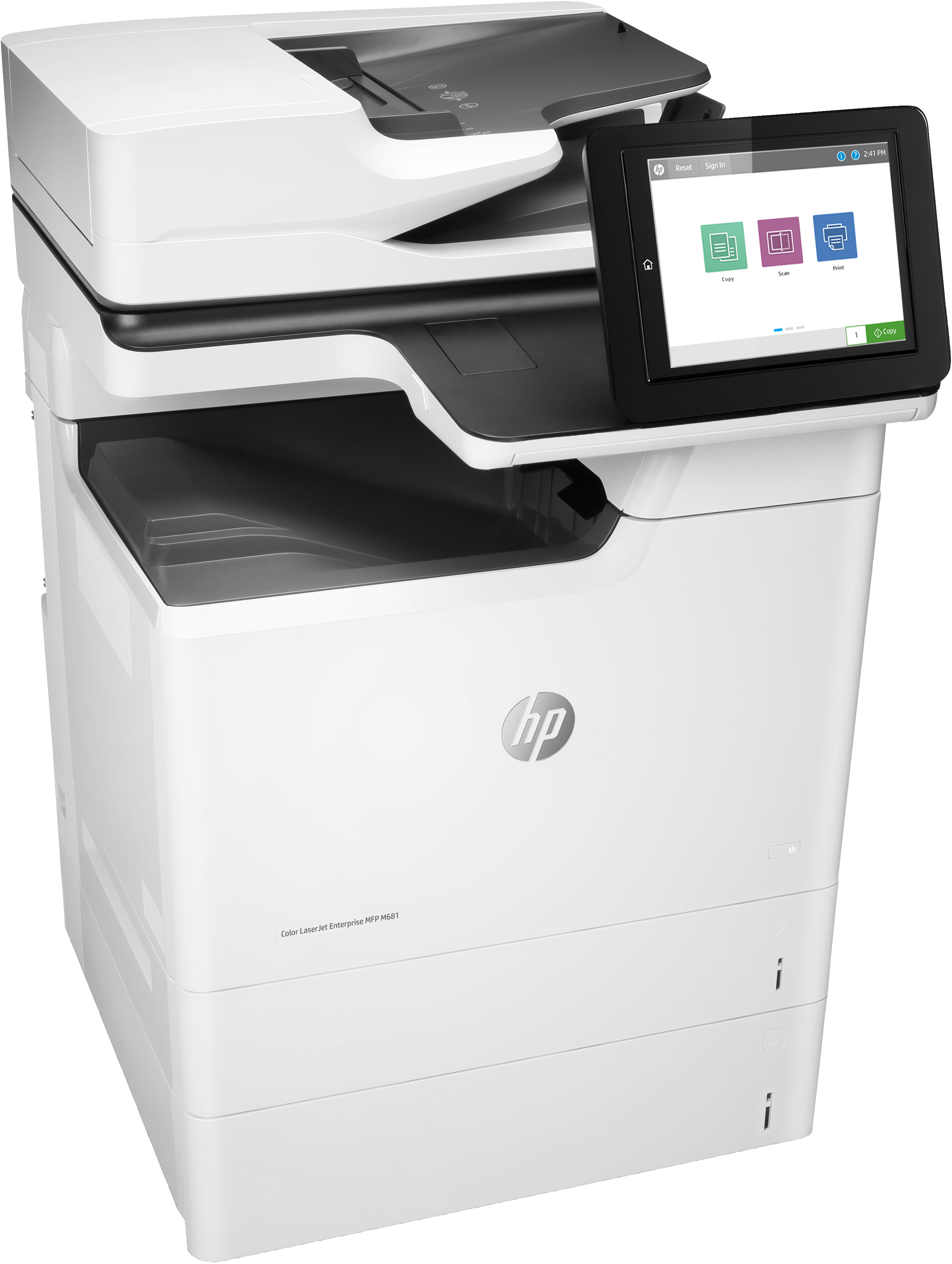 Biała drukarka HP z ekranem dotykowym, panelem sterowania i logo HP.