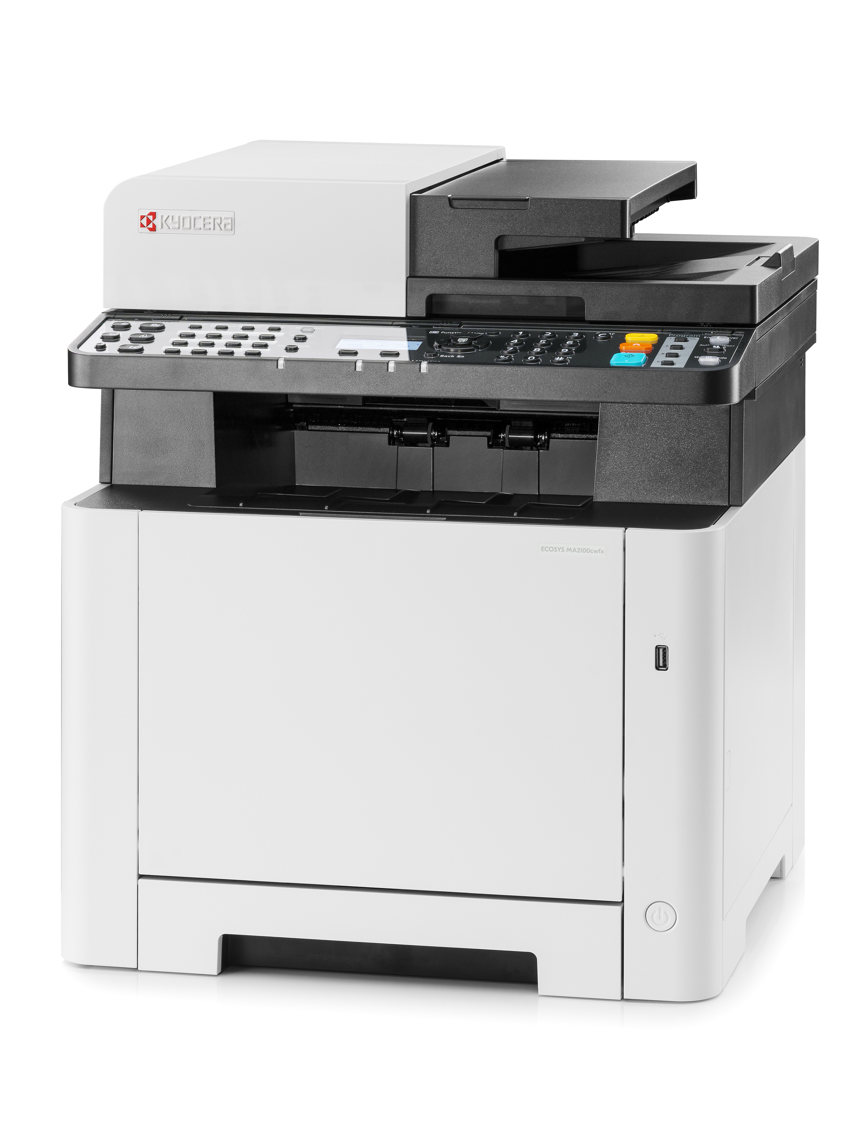 Stampante Kyocera bianca e nera su sfondo bianco. Pulsanti, schermo e porta USB visibili.