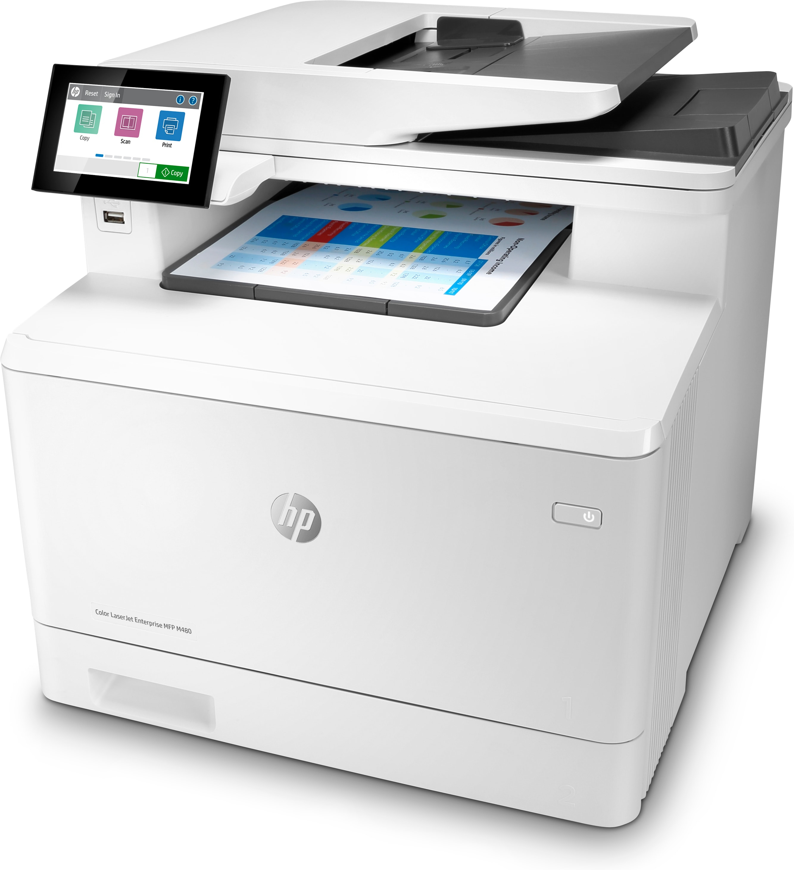 Stampante HP bianca con schermo, che stampa un documento con grafici.