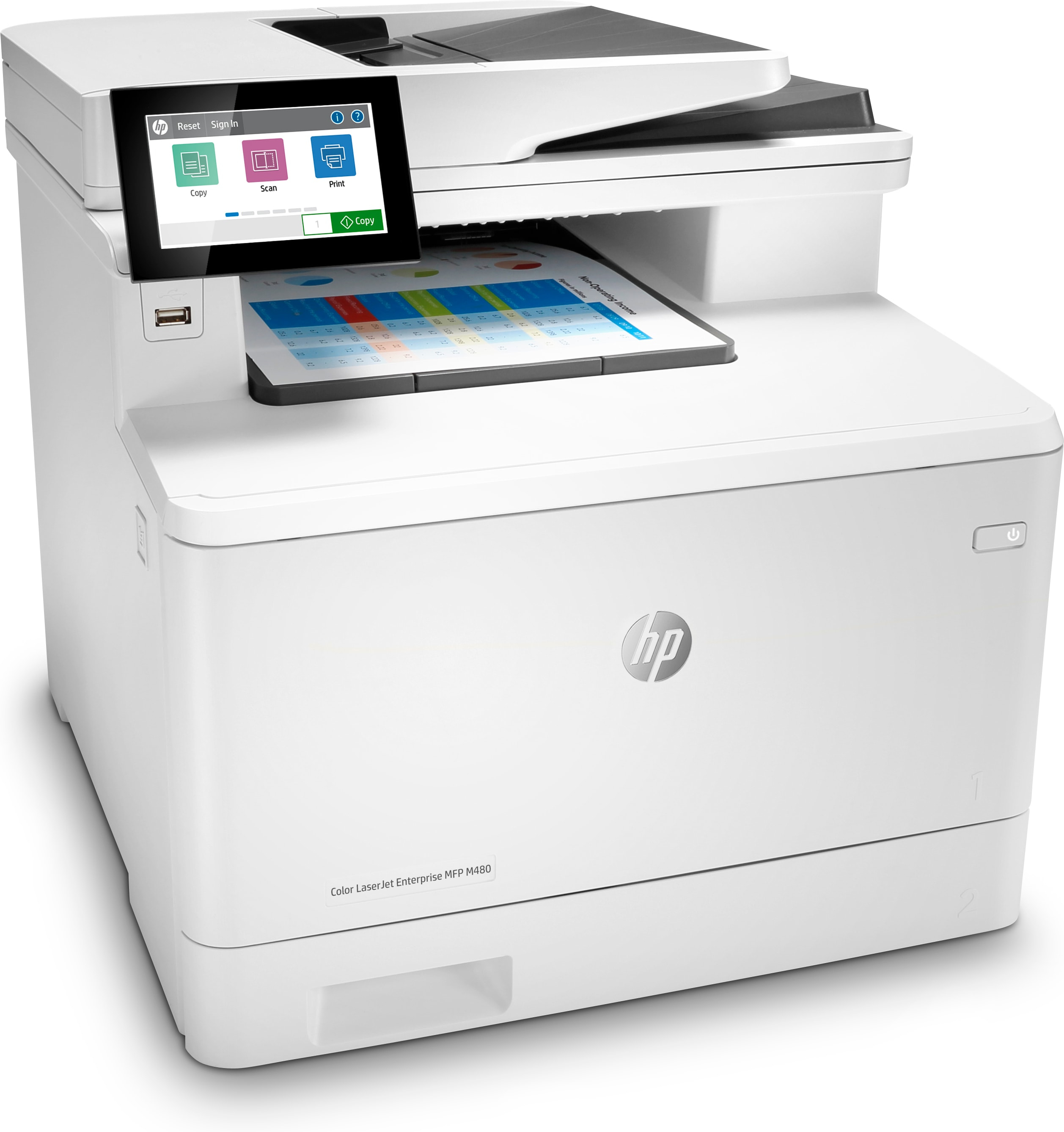 Stampante HP bianca con documento sul vassoio. Schermo mostra icone copia, scansione e stampa.