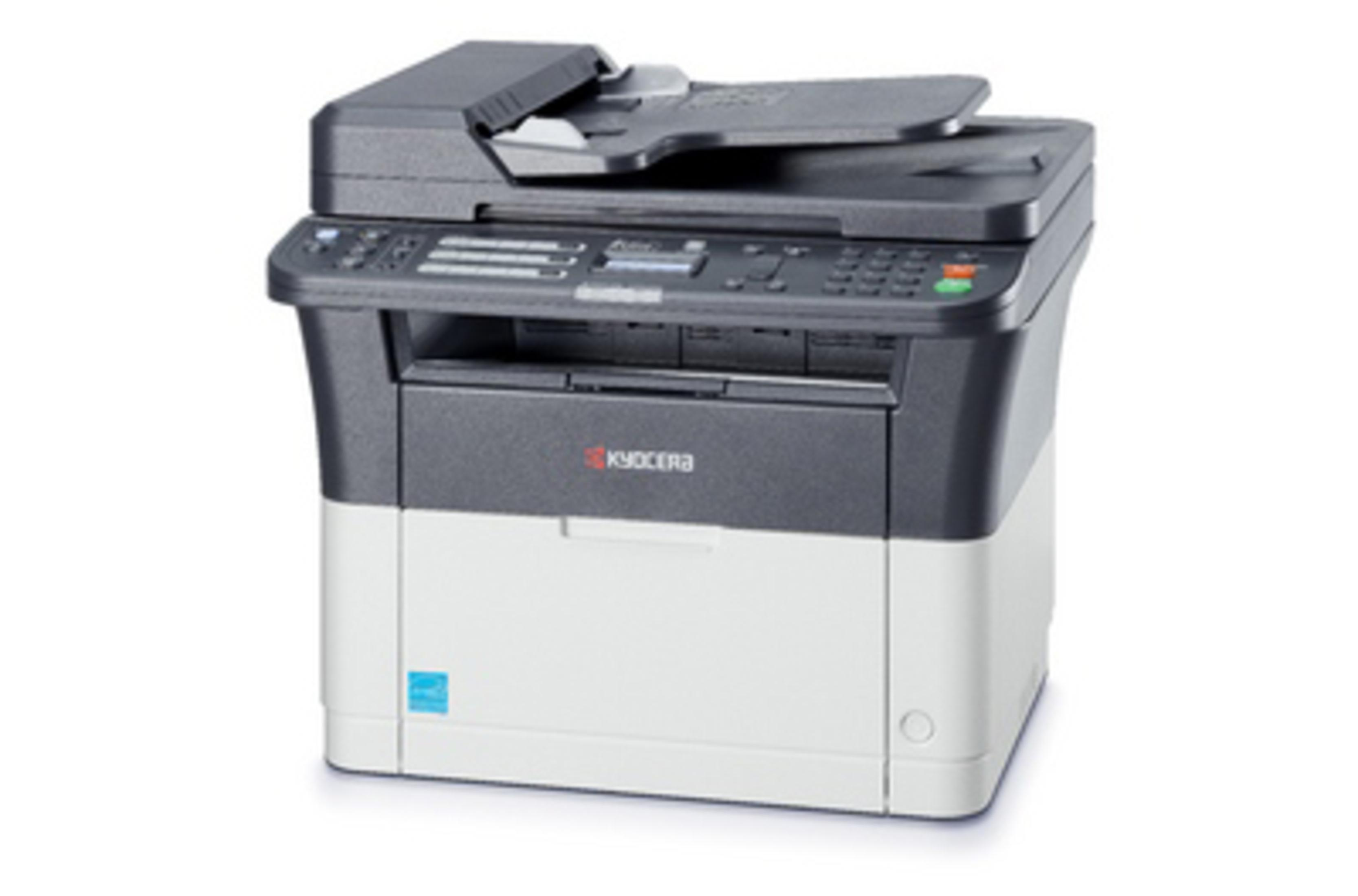 Drukarka Kyocera, czarno-szara, na białym tle.