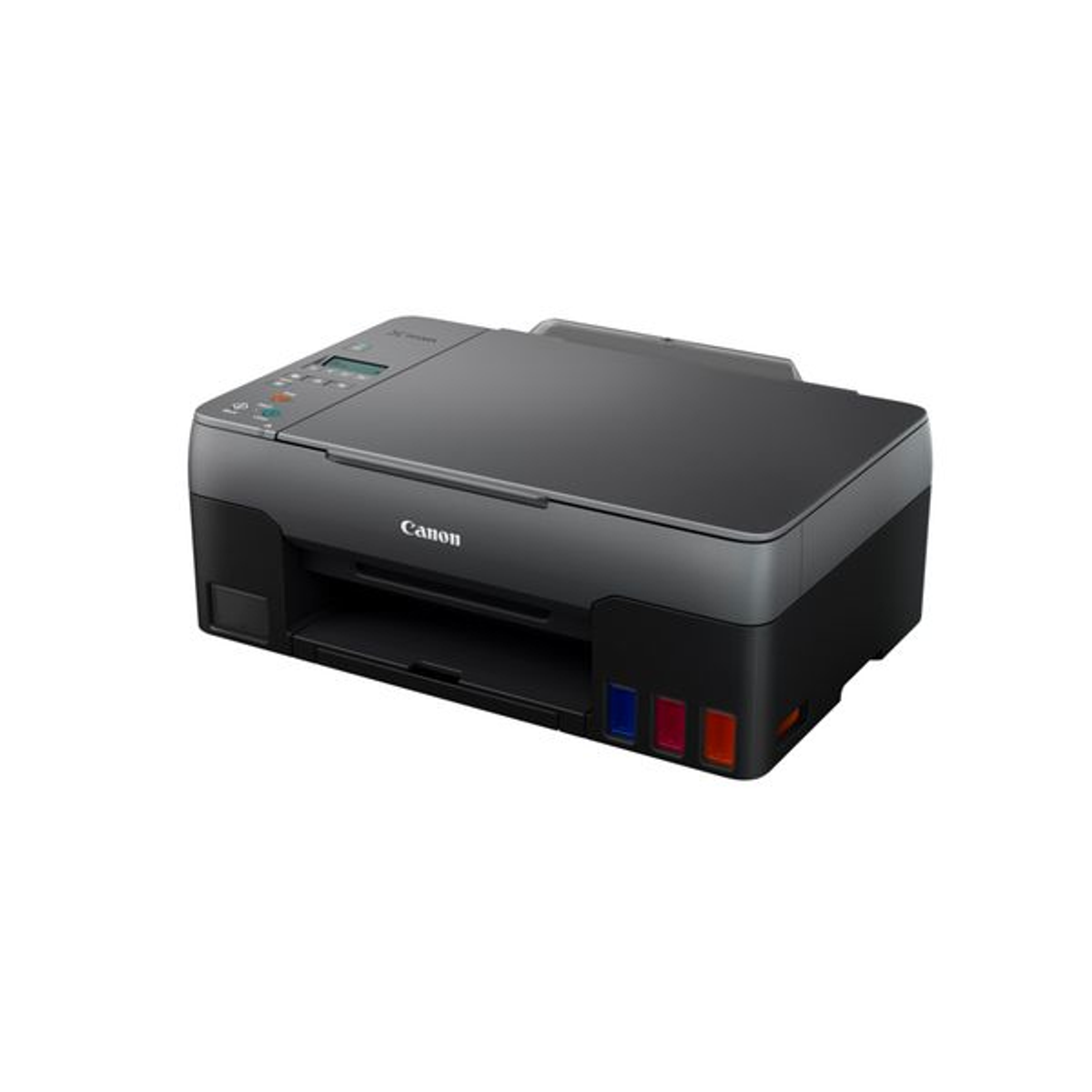 Stampante Canon, colori nero e grigio. Include cartucce d'inchiostro colorate e parte superiore piatta.