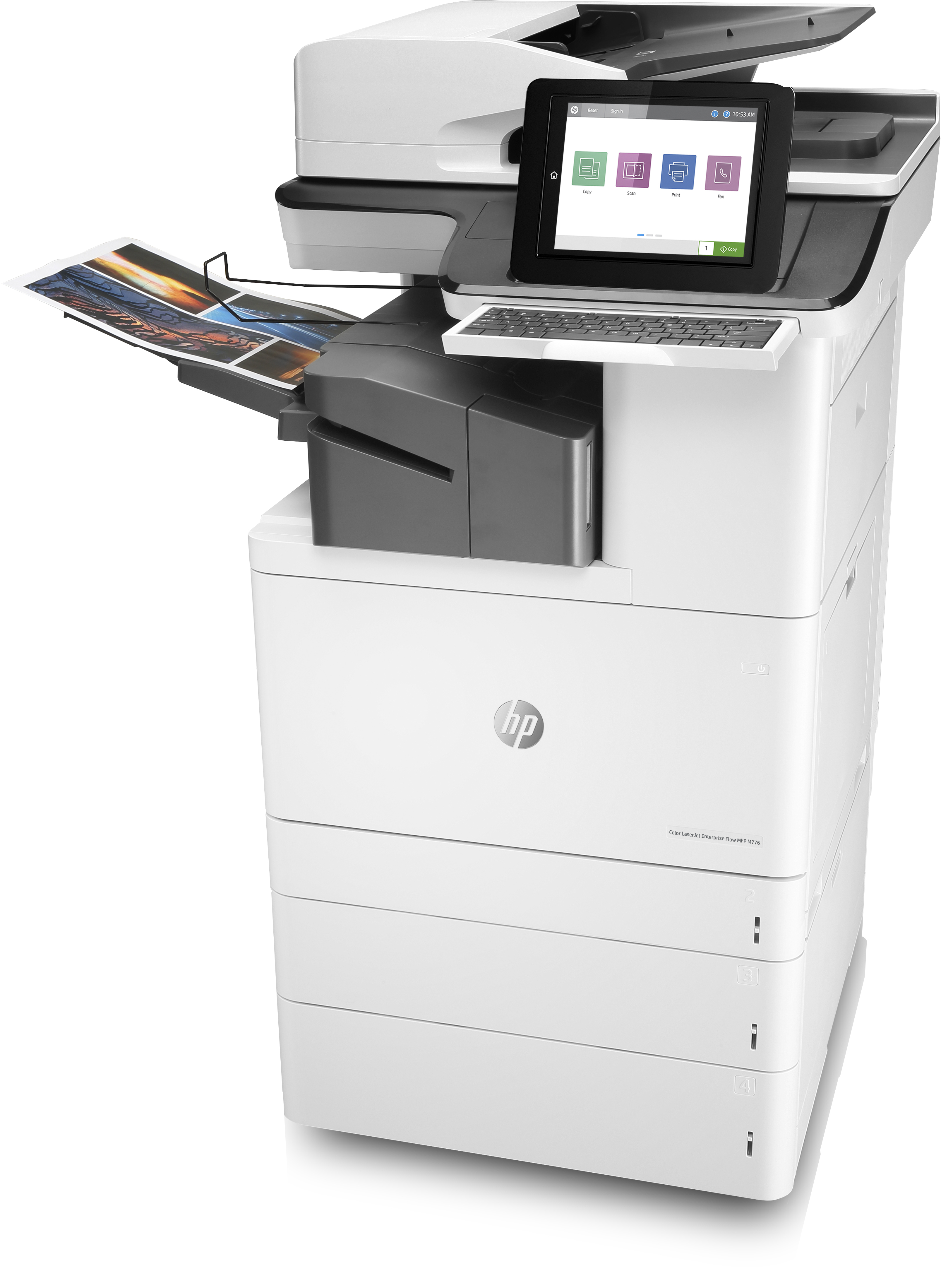 Una grande stampante HP bianca con touchscreen e una pagina stampata.