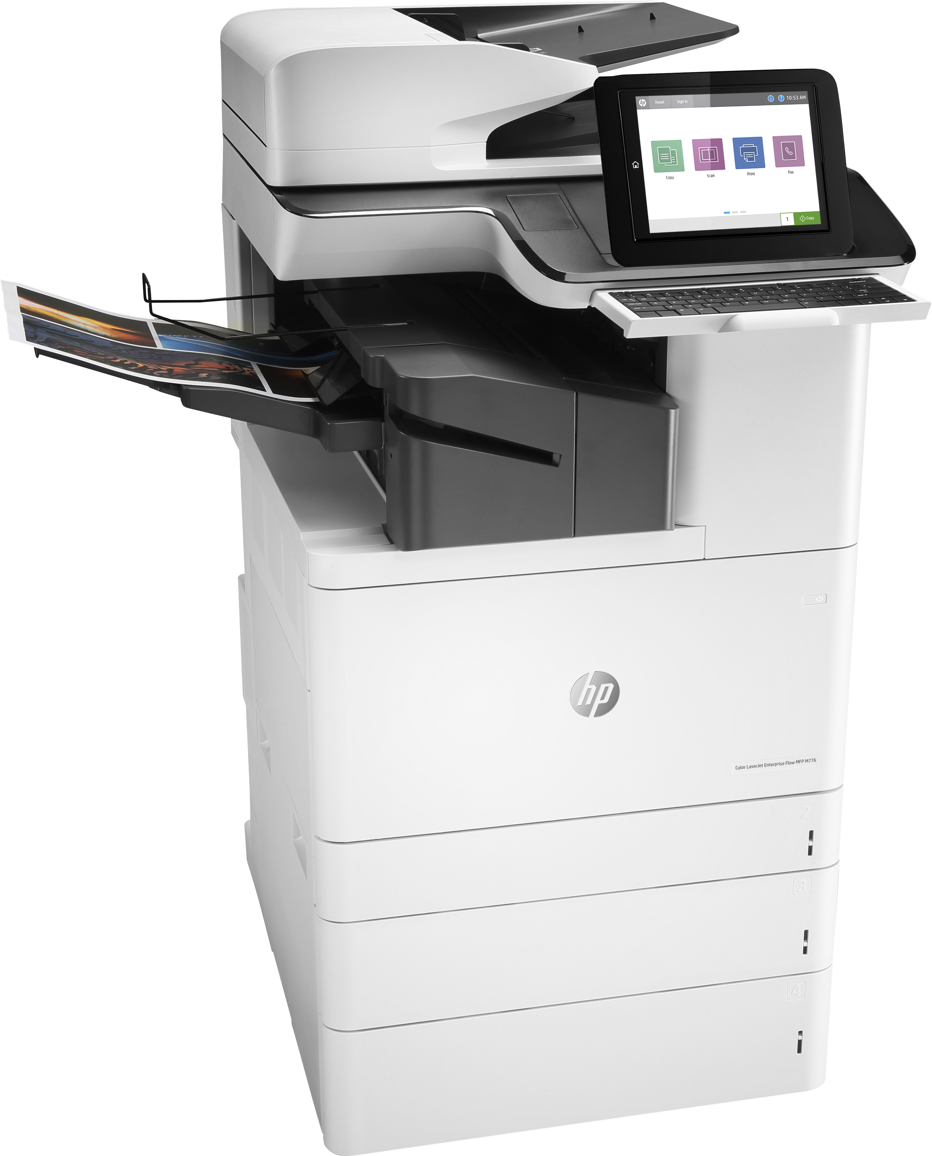 Stampante HP con un documento che esce. La stampante ha un touchscreen e un pannello di controllo.