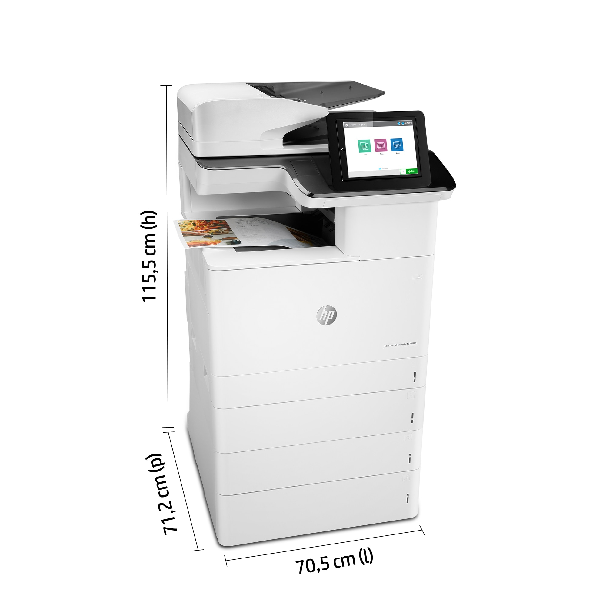 Impresora HP blanca con pantalla táctil y etiquetas. Se muestran las dimensiones.