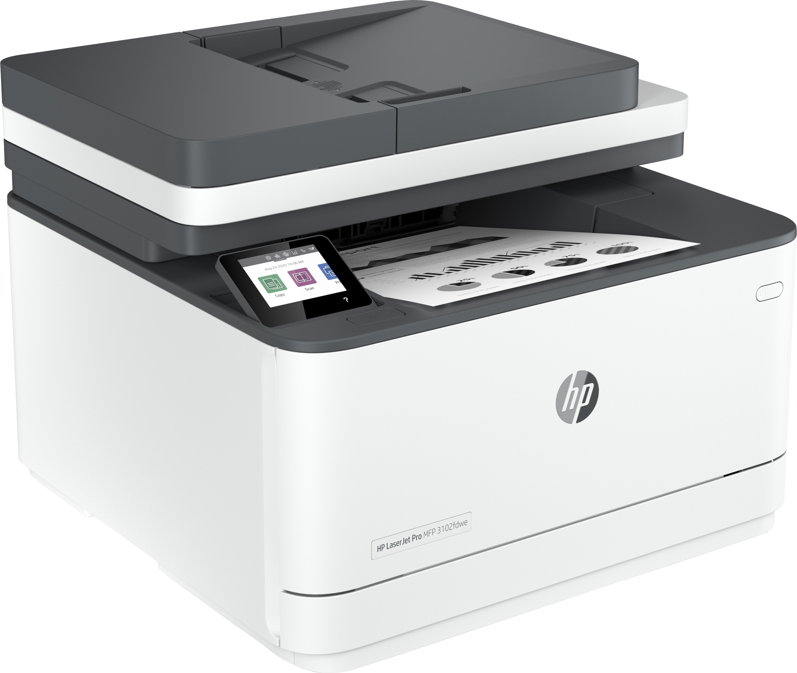 Stampante HP bianca e nera che scansiona un documento. La stampante ha un touchscreen e il logo HP è visibile.