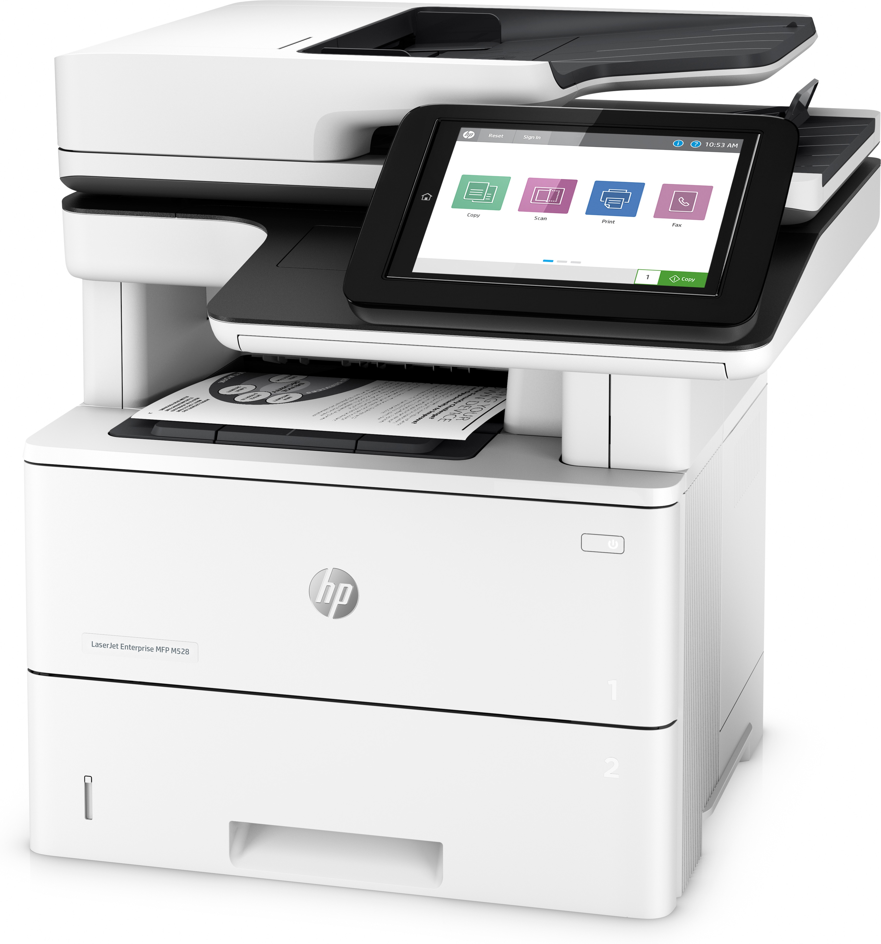 Una impresora blanca con pantalla táctil, imprimiendo un documento. Un logotipo de Epson es visible.